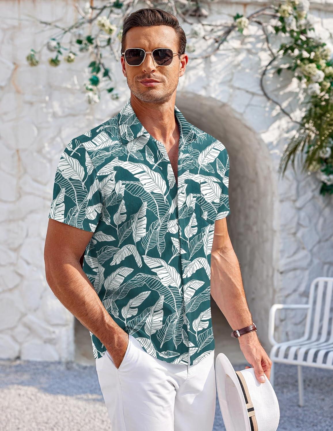 imageCOOFANDY Mens Casual Button Down Shirts Short Sleeve Summer Beach Vacation Untucked Dress Shirts with PocketLeafdeep Green