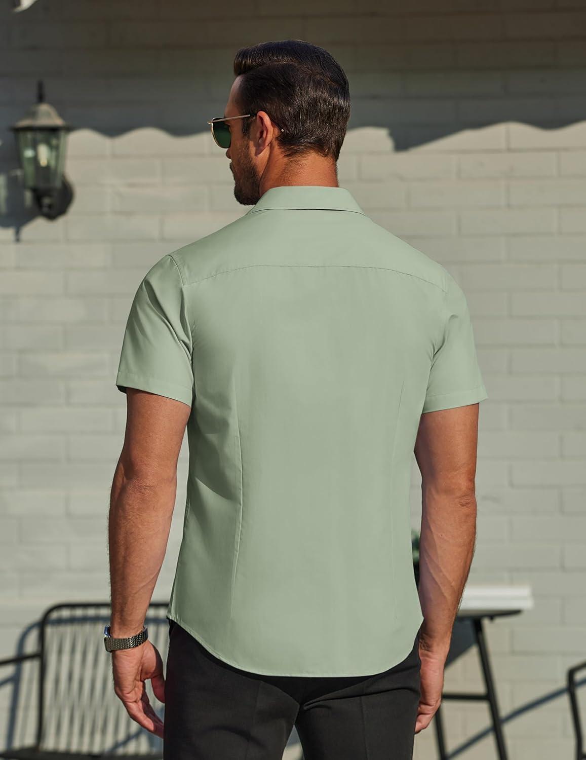 imageCOOFANDY Mens Casual Button Down Shirts Short Sleeve Summer Beach Vacation Untucked Dress Shirts with PocketLight Green