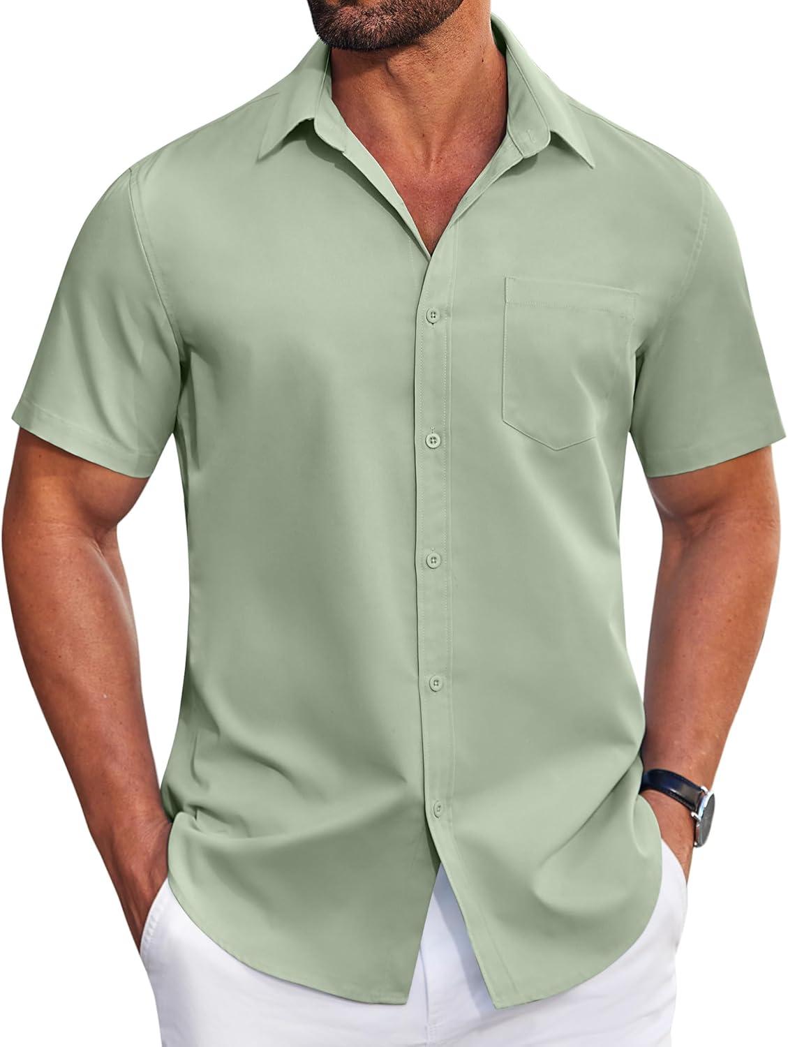imageCOOFANDY Mens Casual Button Down Shirts Short Sleeve Summer Beach Vacation Untucked Dress Shirts with PocketLight Green