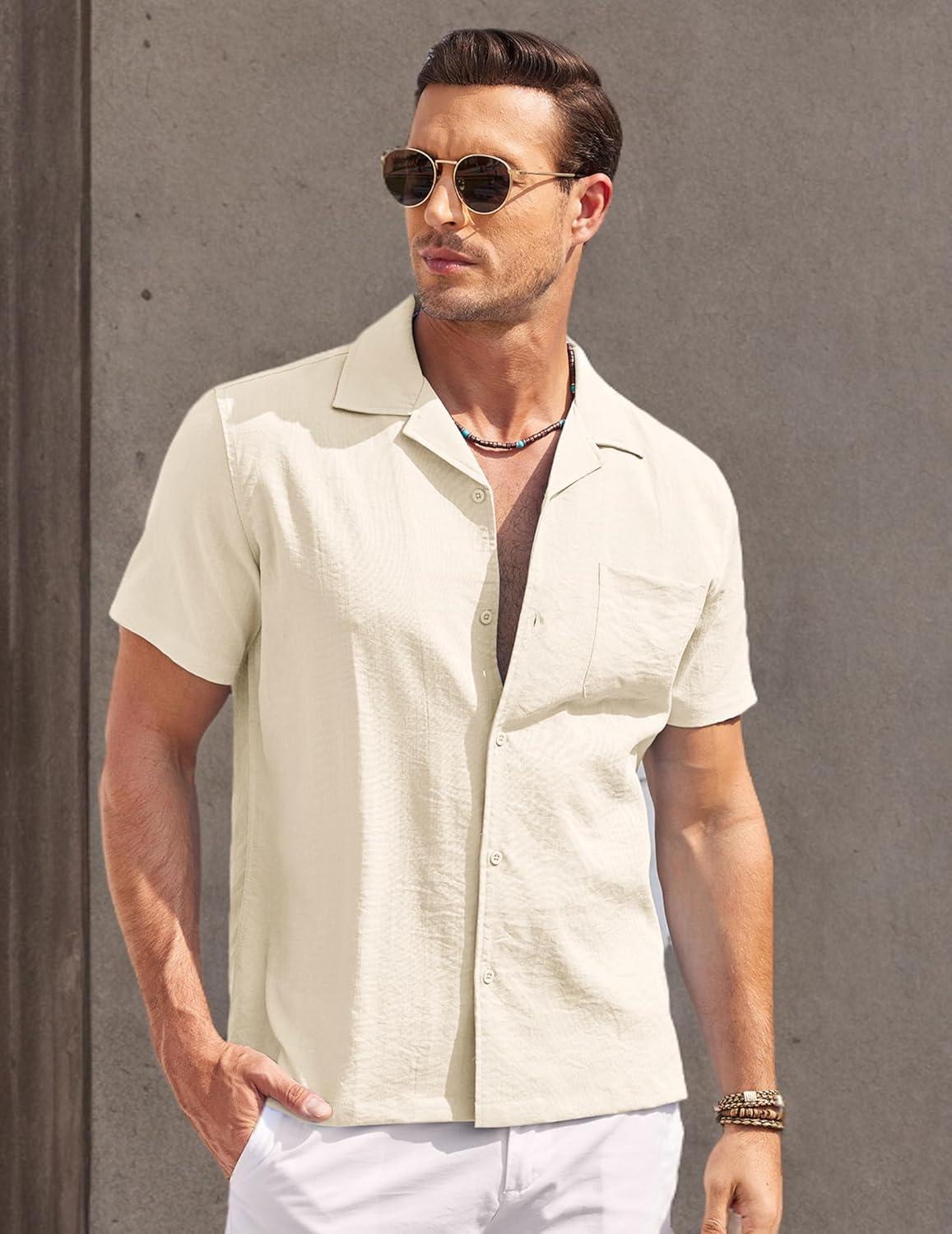 imageCOOFANDY Mens Casual Button Down Shirts Short Sleeve Summer Cuban Vacation Beach ShirtsBeige