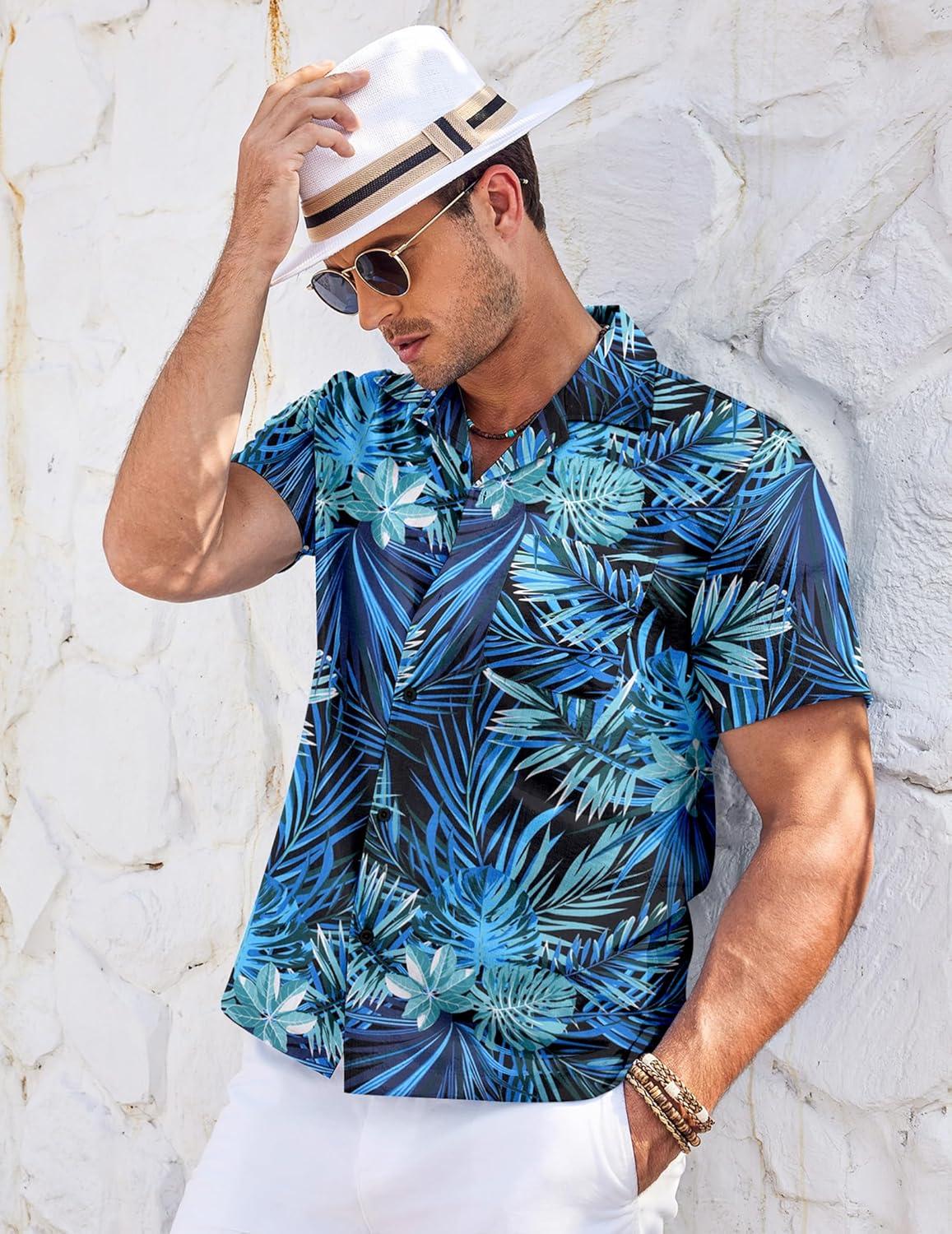 imageCOOFANDY Mens Casual Button Down Shirts Short Sleeve Summer Cuban Vacation Beach ShirtsGreen Leaf