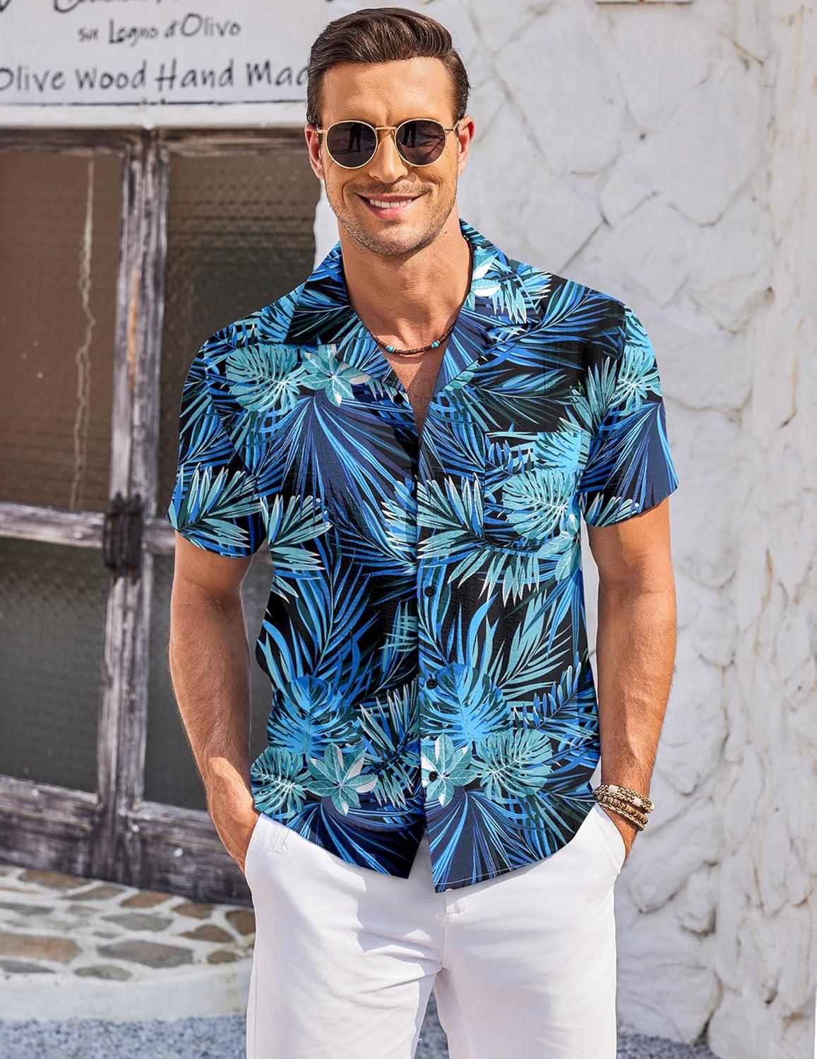 imageCOOFANDY Mens Casual Button Down Shirts Short Sleeve Summer Cuban Vacation Beach ShirtsGreen Leaf