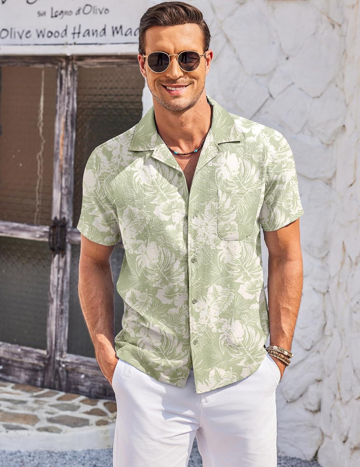 imageCOOFANDY Mens Casual Button Down Shirts Short Sleeve Summer Cuban Vacation Beach ShirtsLight Green White Leaf