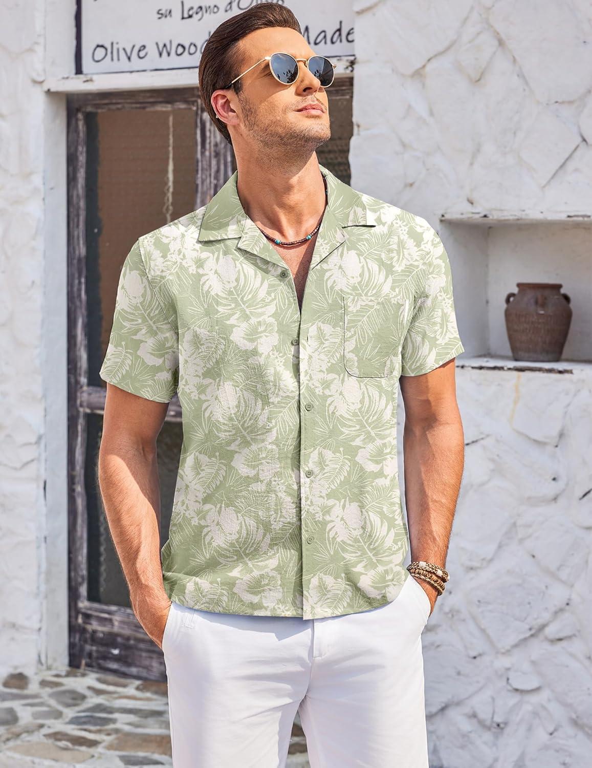 imageCOOFANDY Mens Casual Button Down Shirts Short Sleeve Summer Cuban Vacation Beach ShirtsLight Green White Leaf