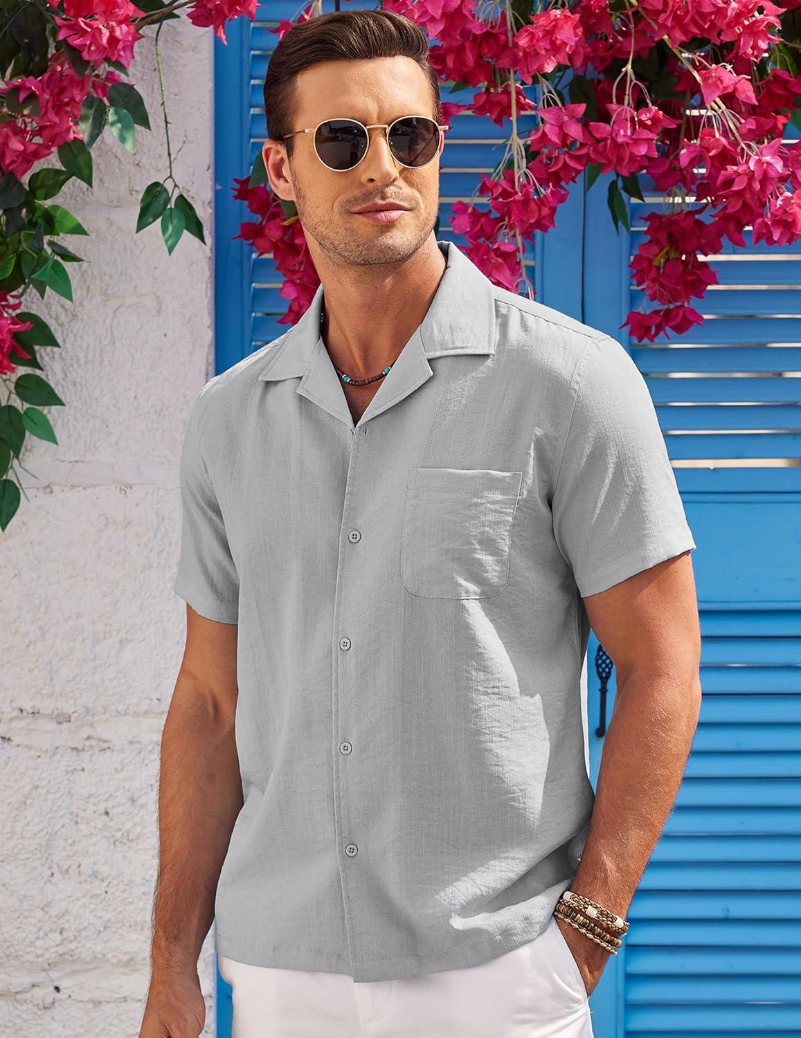 imageCOOFANDY Mens Casual Button Down Shirts Short Sleeve Summer Cuban Vacation Beach ShirtsLight Grey
