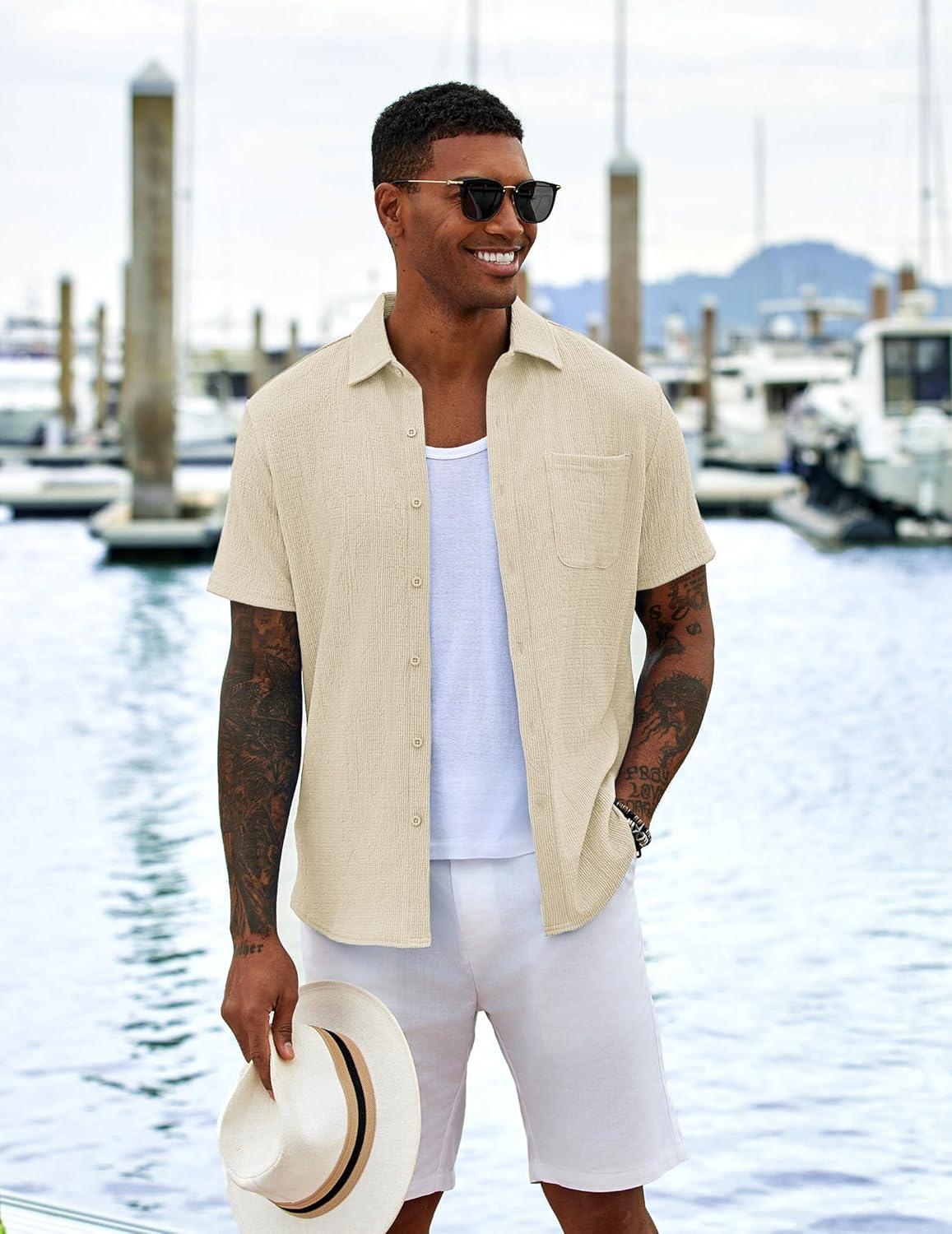 imageCOOFANDY Mens Casual Button Down Shirts Short Sleeve Textured Shirt Summer Untucked Vacation Beach Wedding ShirtsBeige