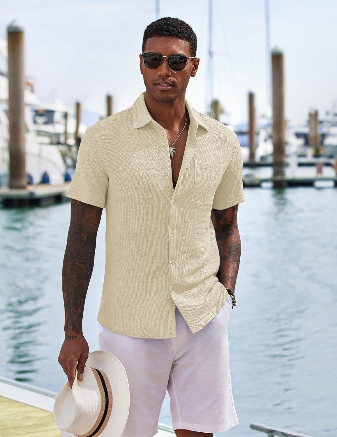 imageCOOFANDY Mens Casual Button Down Shirts Short Sleeve Textured Shirt Summer Untucked Vacation Beach Wedding ShirtsBeige