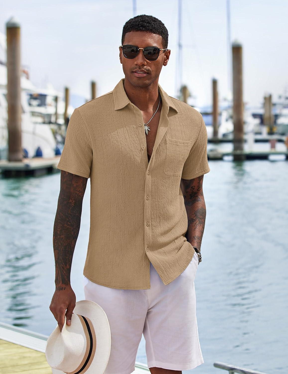 imageCOOFANDY Mens Casual Button Down Shirts Short Sleeve Textured Shirt Summer Untucked Vacation Beach Wedding ShirtsKhaki