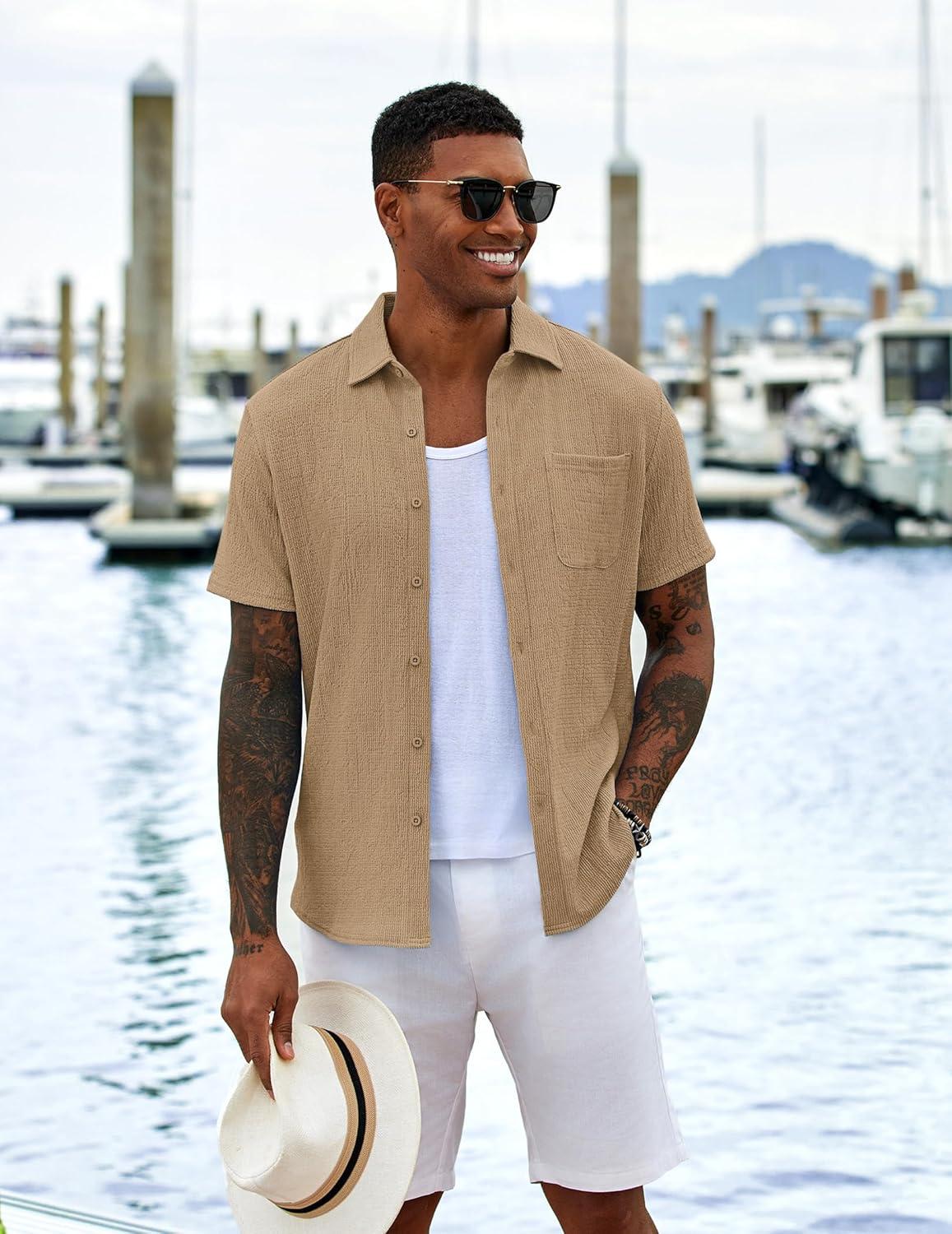 imageCOOFANDY Mens Casual Button Down Shirts Short Sleeve Textured Shirt Summer Untucked Vacation Beach Wedding ShirtsKhaki