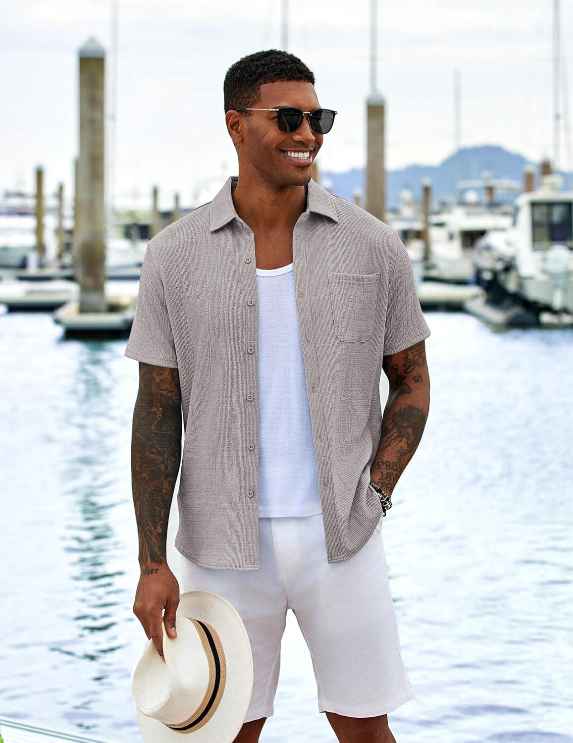 imageCOOFANDY Mens Casual Button Down Shirts Short Sleeve Textured Shirt Summer Untucked Vacation Beach Wedding ShirtsLight Grey