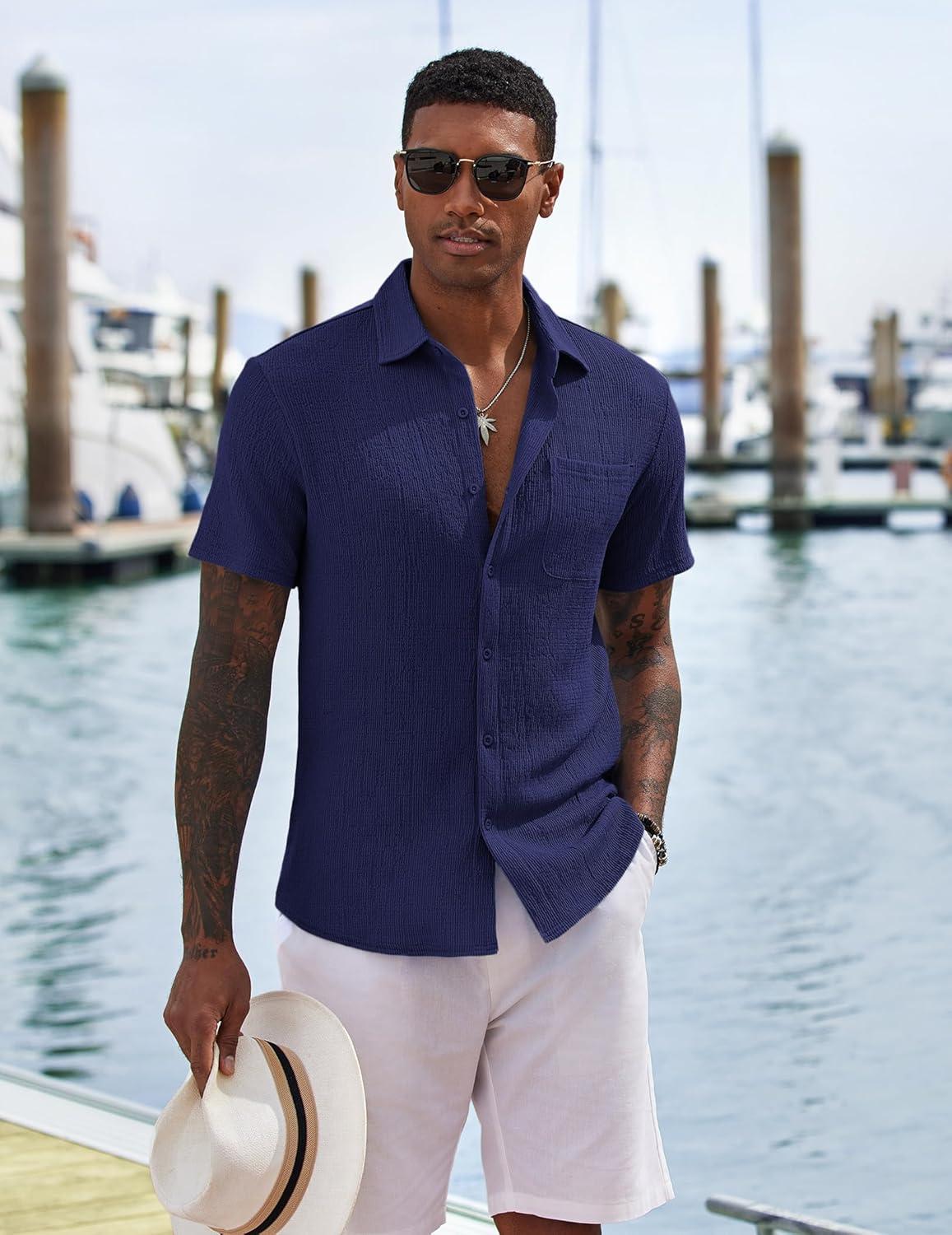 imageCOOFANDY Mens Casual Button Down Shirts Short Sleeve Textured Shirt Summer Untucked Vacation Beach Wedding ShirtsNavy