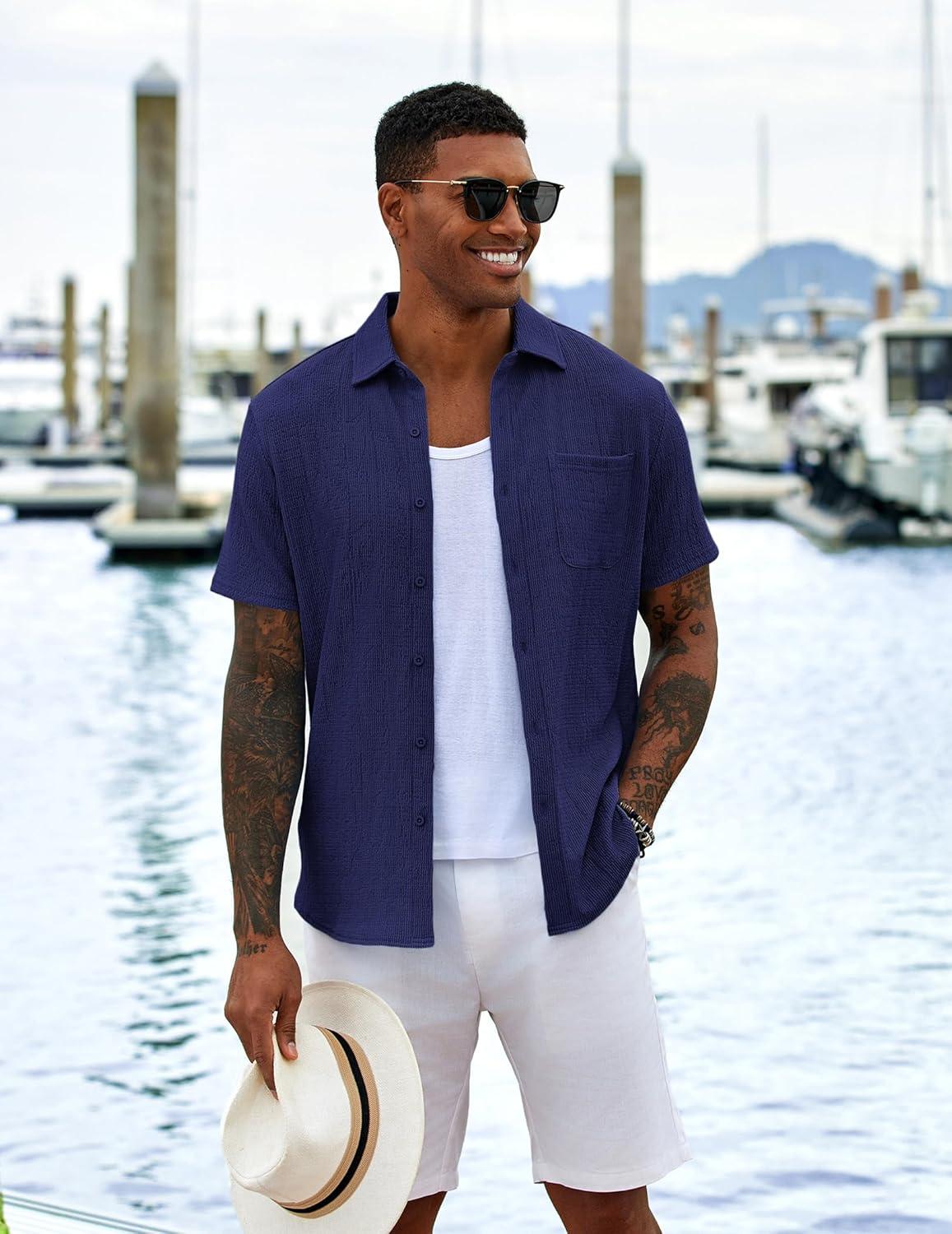 imageCOOFANDY Mens Casual Button Down Shirts Short Sleeve Textured Shirt Summer Untucked Vacation Beach Wedding ShirtsNavy