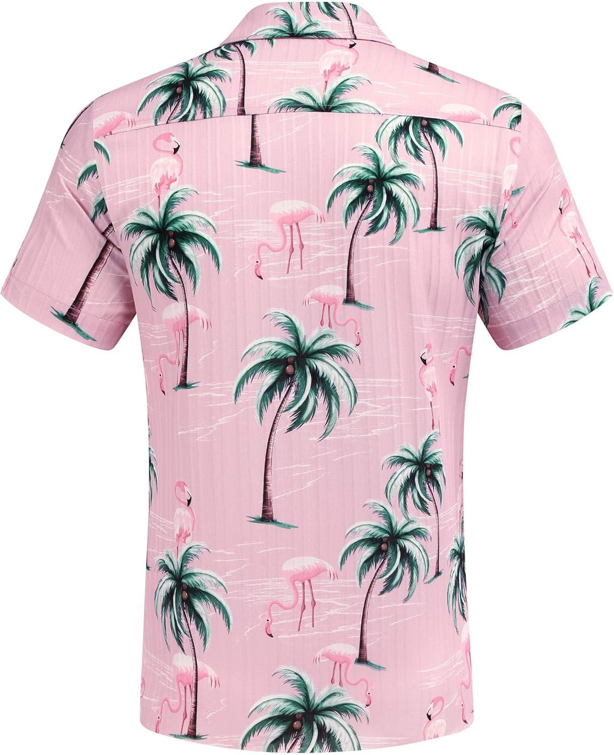 imageCOOFANDY Mens Casual Button Down Shirts Short Sleeve Textured Summer Beach Shirt with PocketPink Flamingo