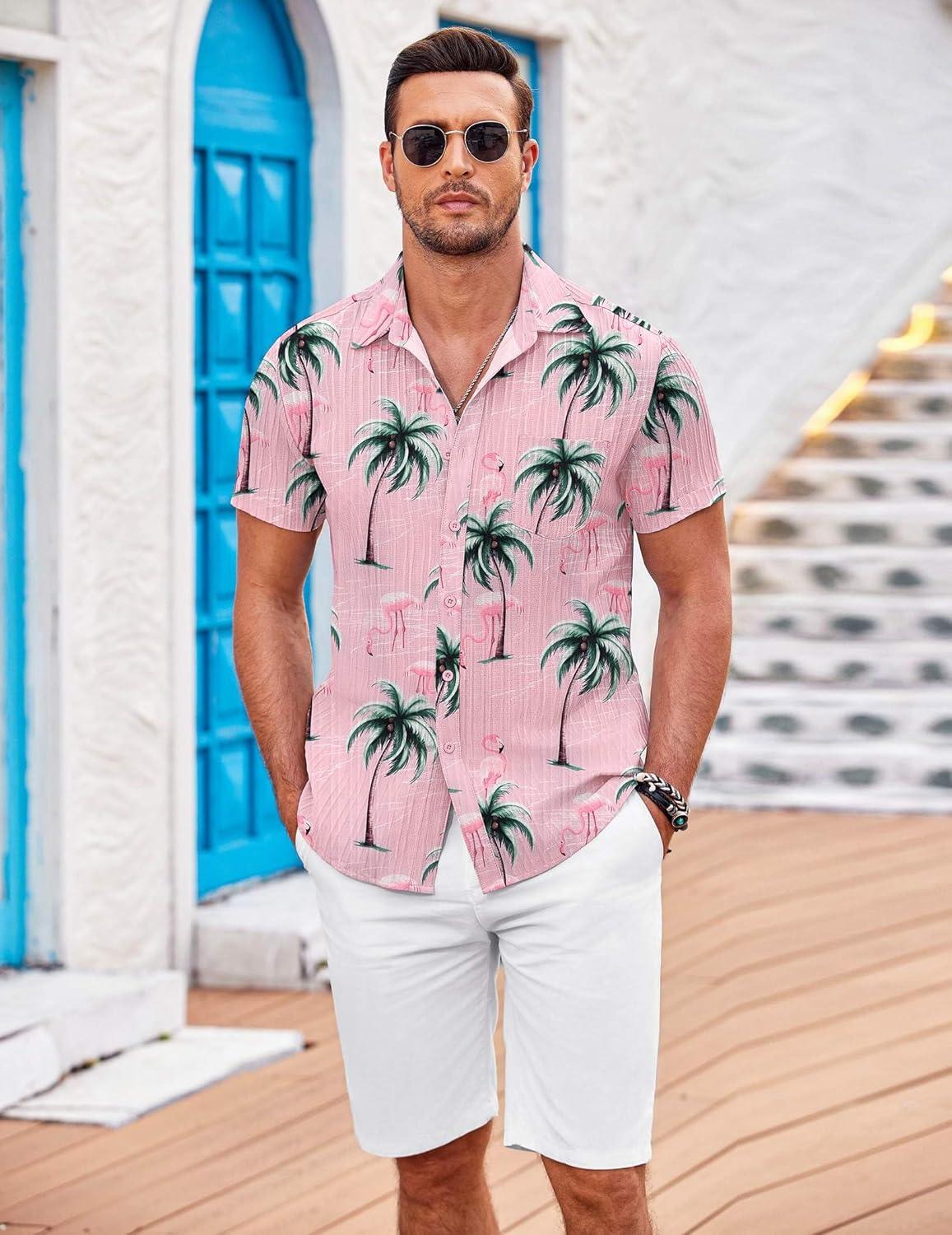 imageCOOFANDY Mens Casual Button Down Shirts Short Sleeve Textured Summer Beach Shirt with PocketPink Flamingo
