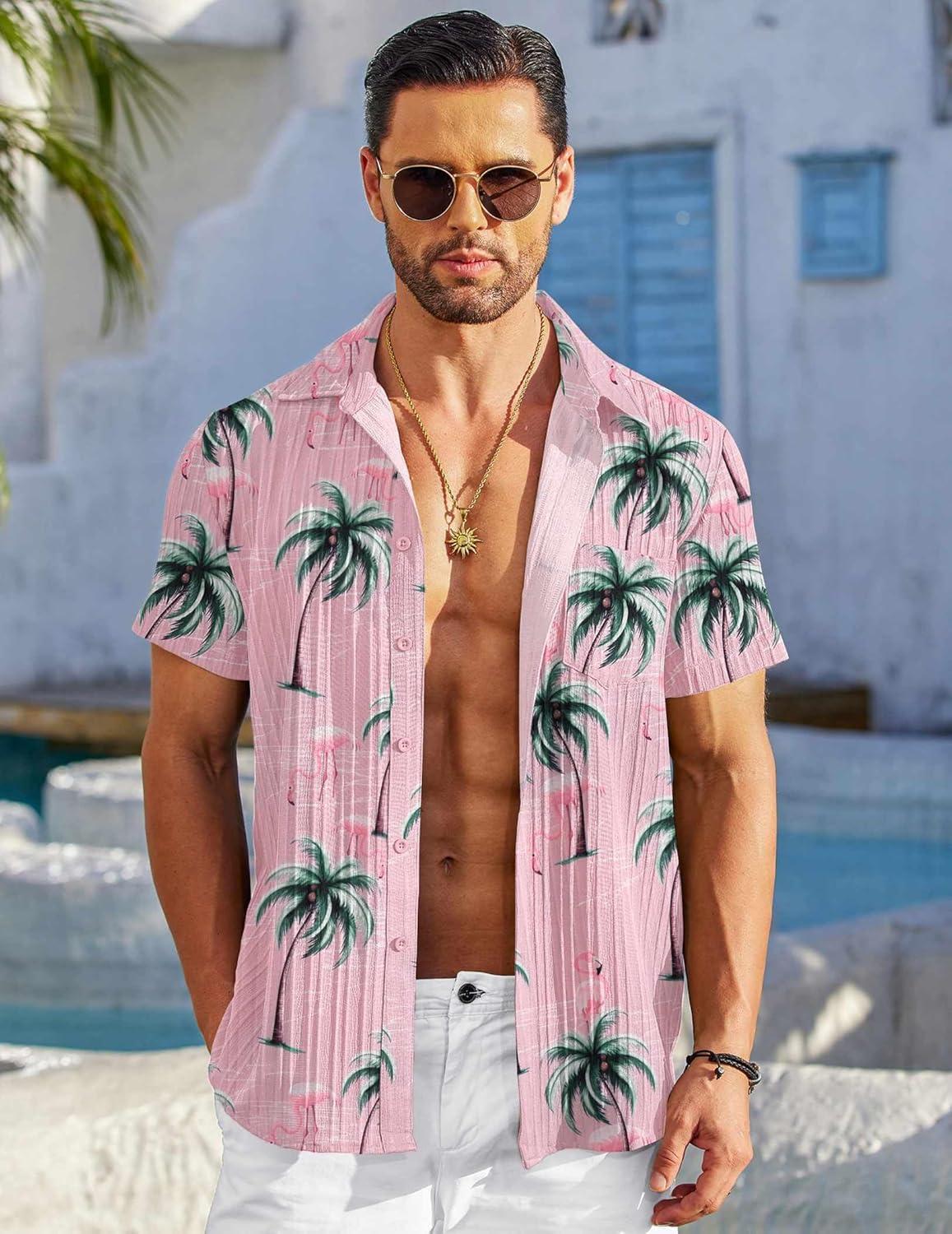 imageCOOFANDY Mens Casual Button Down Shirts Short Sleeve Textured Summer Beach Shirt with PocketPink Flamingo