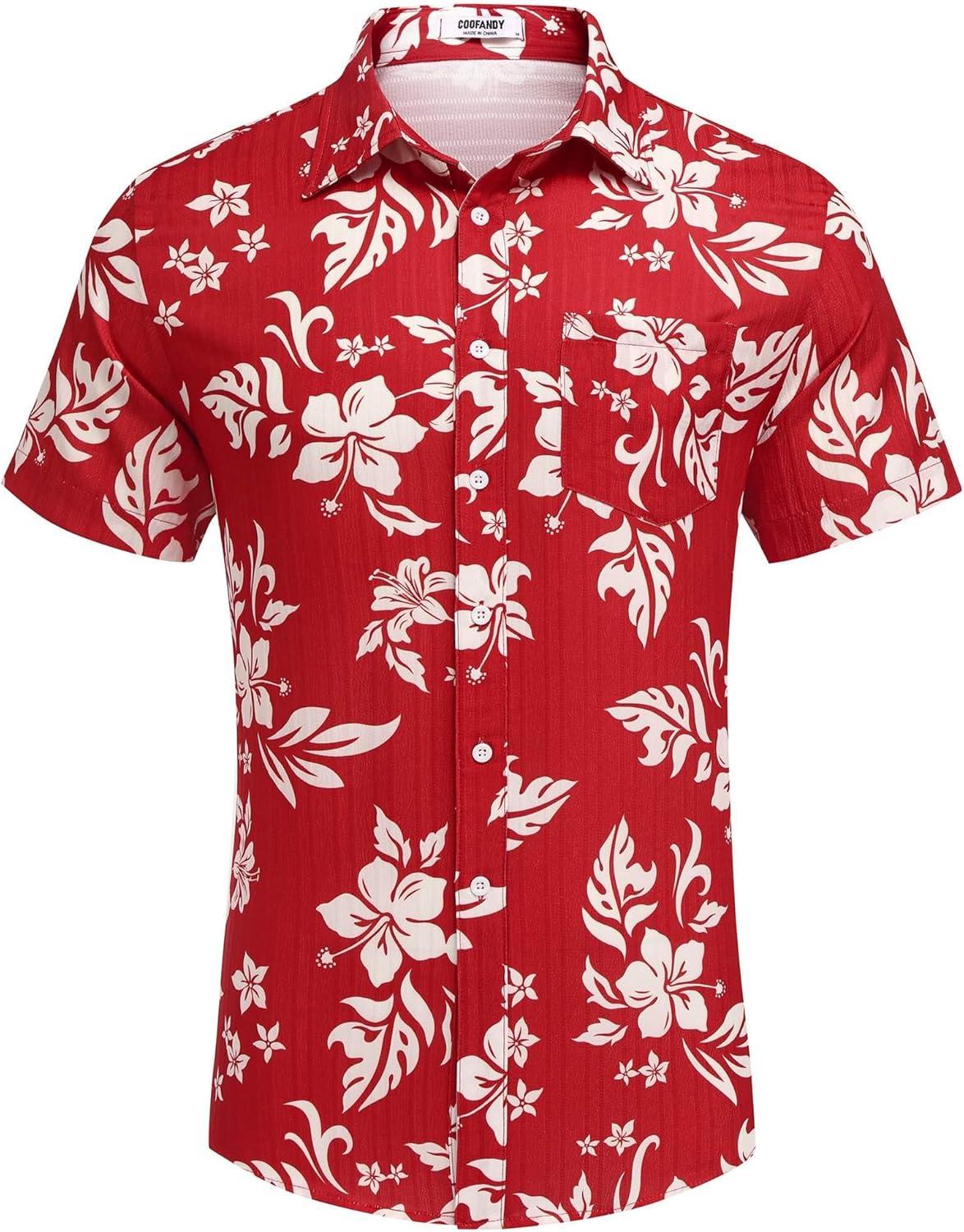 imageCOOFANDY Mens Casual Button Down Shirts Short Sleeve Textured Summer Beach Shirt with PocketRed White Floral