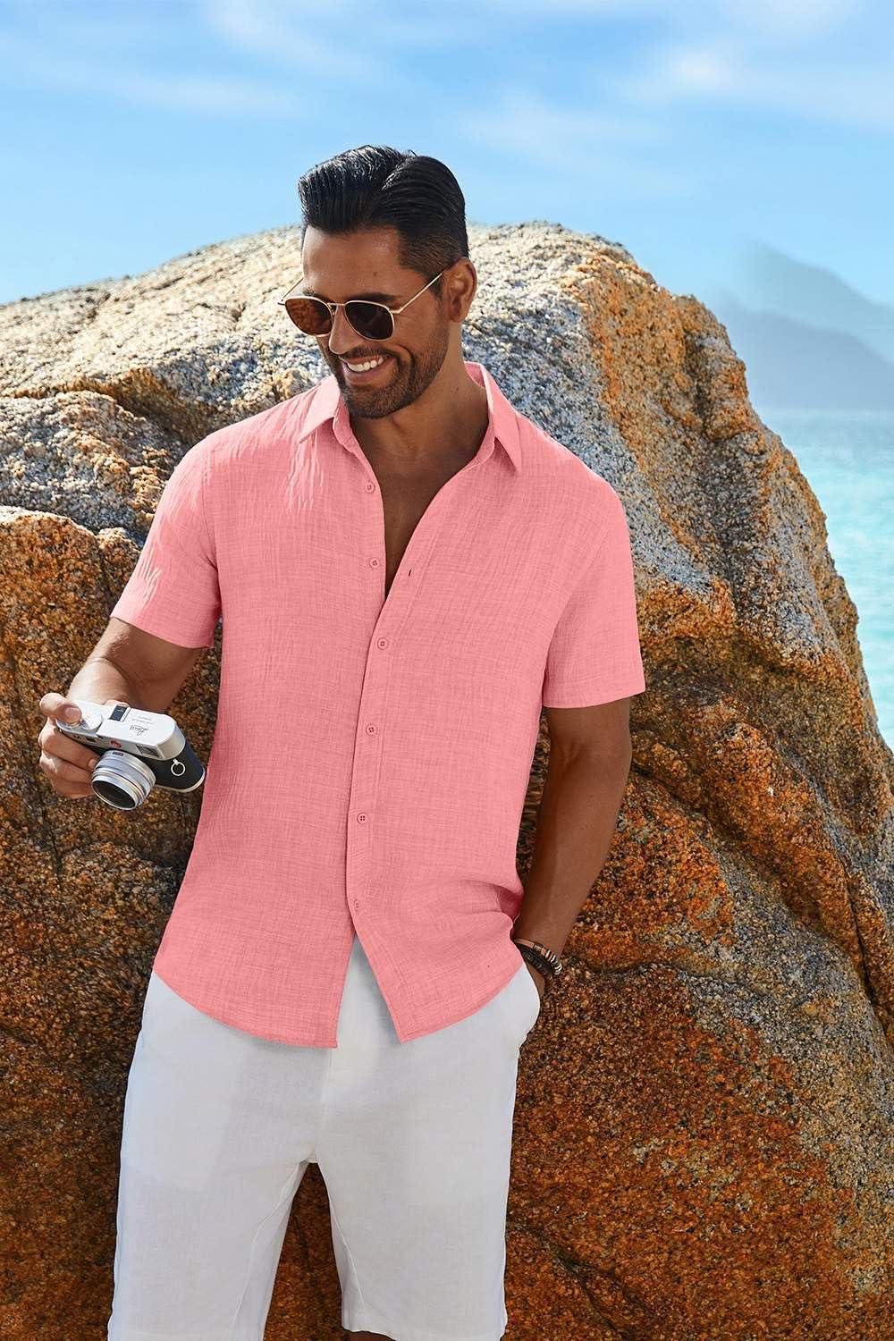 imageCOOFANDY Mens Casual Button Down Shirts Short Sleeve Textured Summer Beach ShirtChampagne Pink