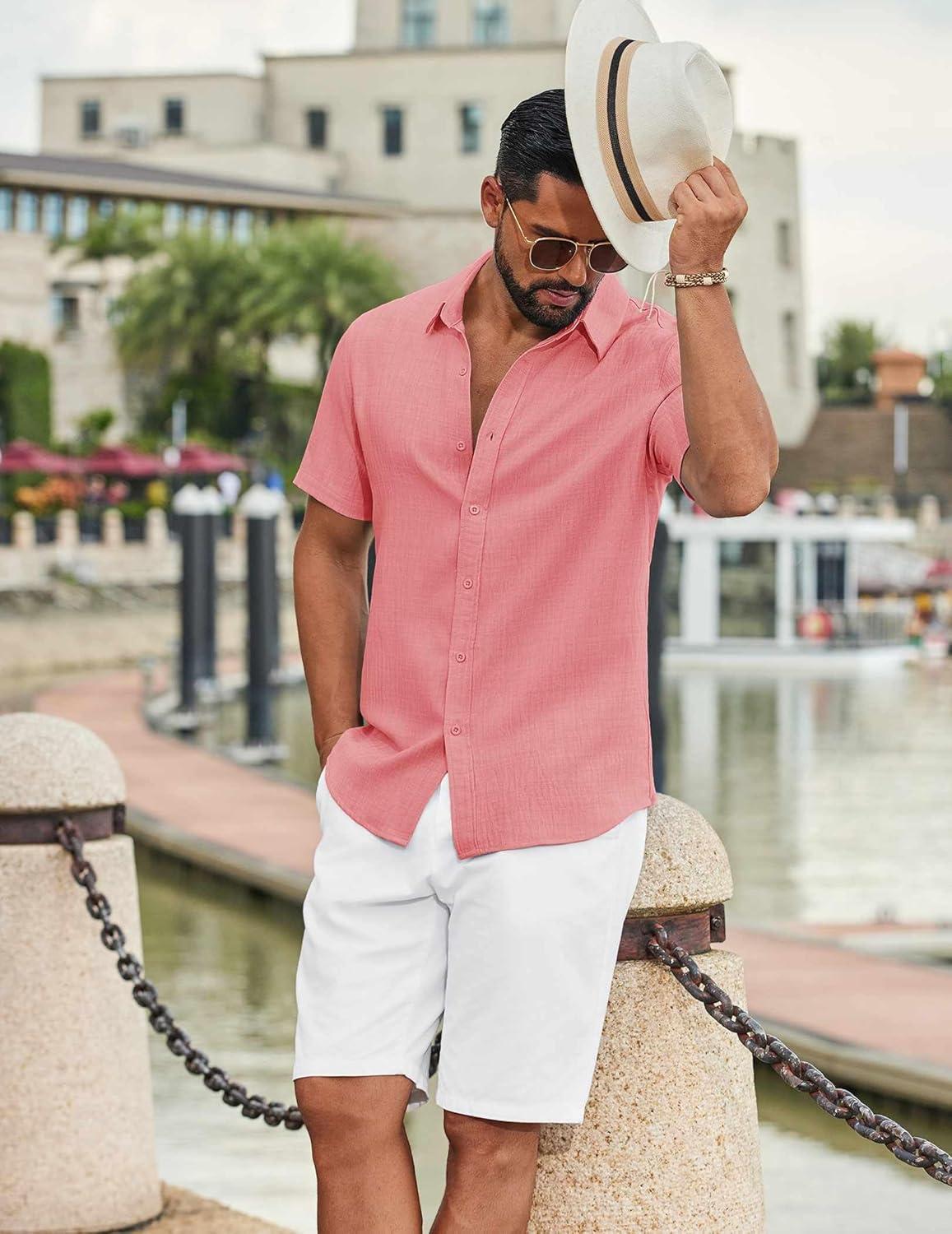 imageCOOFANDY Mens Casual Button Down Shirts Short Sleeve Textured Summer Beach ShirtChampagne Pink