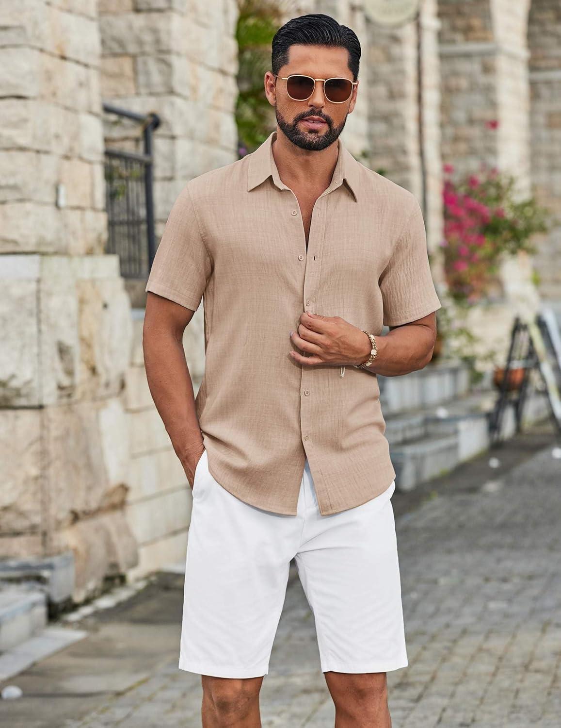 imageCOOFANDY Mens Casual Button Down Shirts Short Sleeve Textured Summer Beach ShirtStone