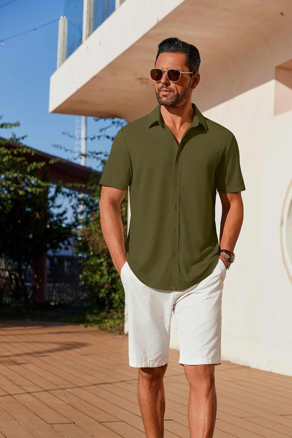 imageCOOFANDY Mens Casual Button Down Shirts Short Sleeve Wrinkle Free Shirt Untucked Summer Stretch Dress ShirtArmy Green