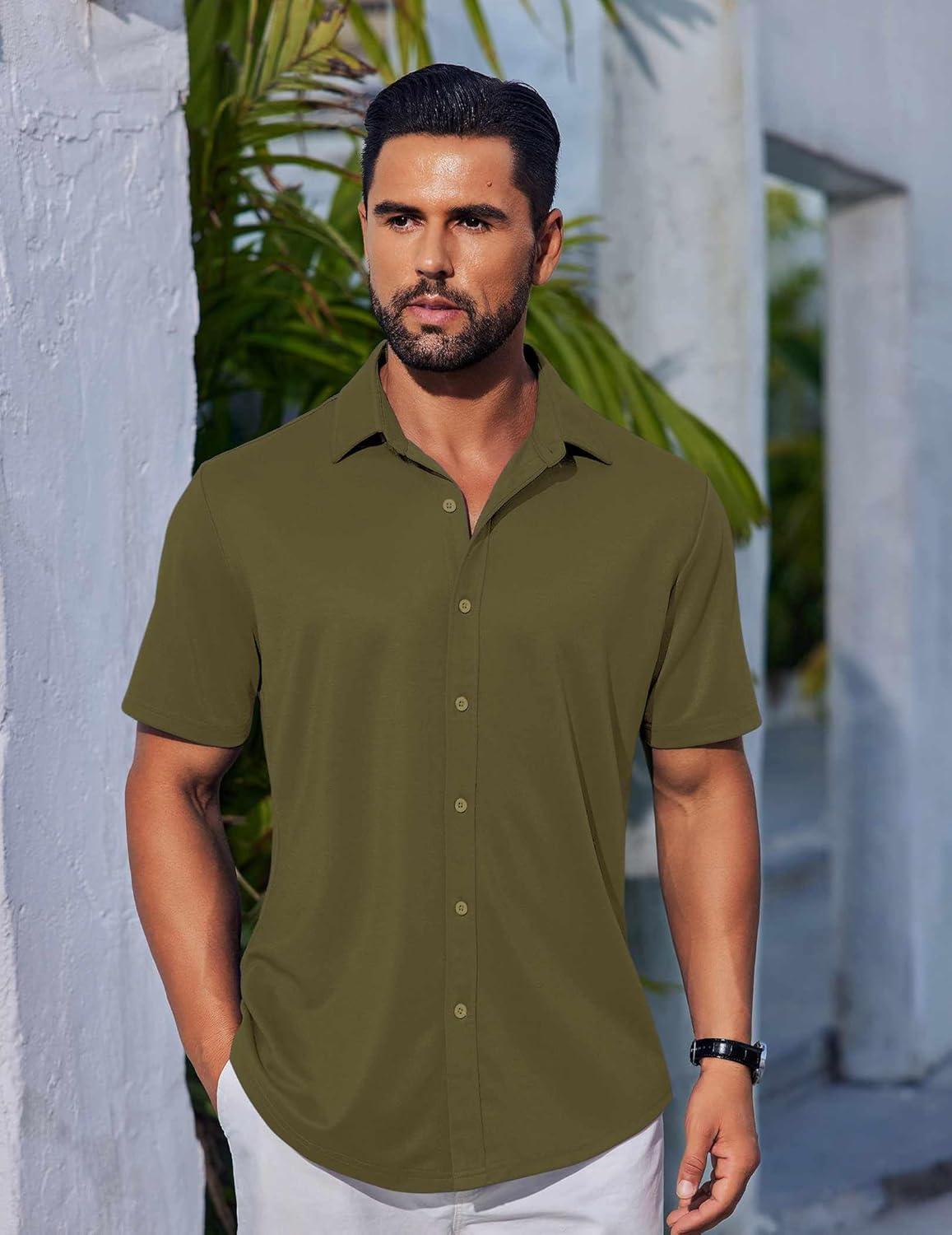 imageCOOFANDY Mens Casual Button Down Shirts Short Sleeve Wrinkle Free Shirt Untucked Summer Stretch Dress ShirtArmy Green