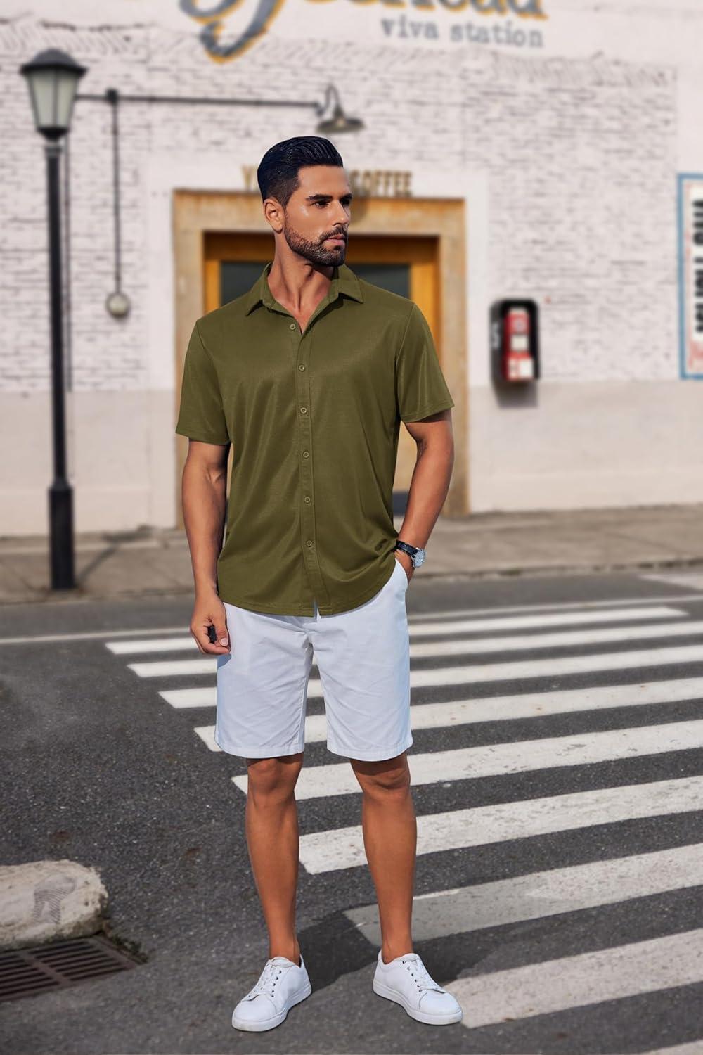 imageCOOFANDY Mens Casual Button Down Shirts Short Sleeve Wrinkle Free Shirt Untucked Summer Stretch Dress ShirtArmy Green