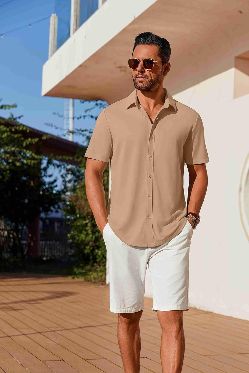 imageCOOFANDY Mens Casual Button Down Shirts Short Sleeve Wrinkle Free Shirt Untucked Summer Stretch Dress ShirtKhaki