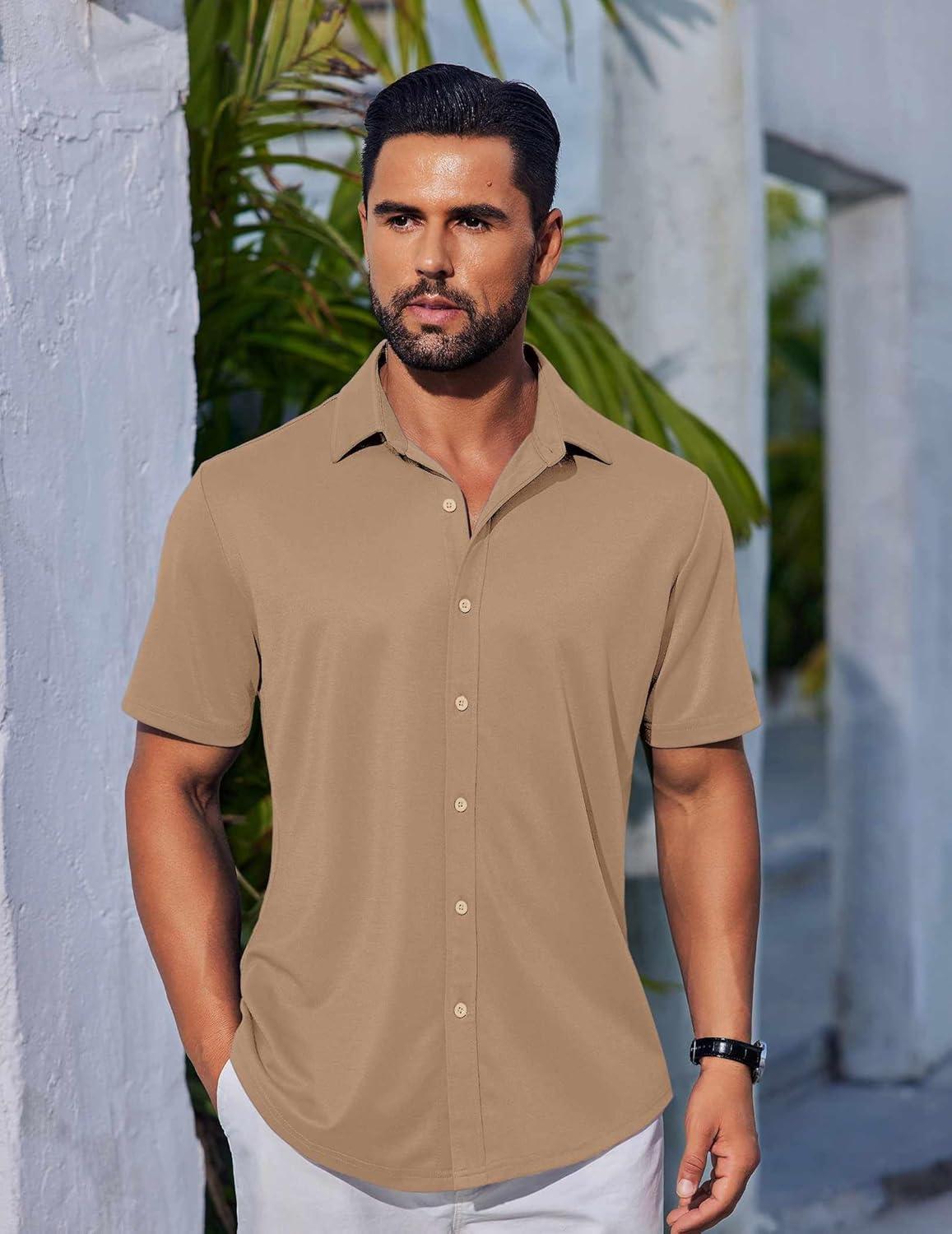 imageCOOFANDY Mens Casual Button Down Shirts Short Sleeve Wrinkle Free Shirt Untucked Summer Stretch Dress ShirtKhaki