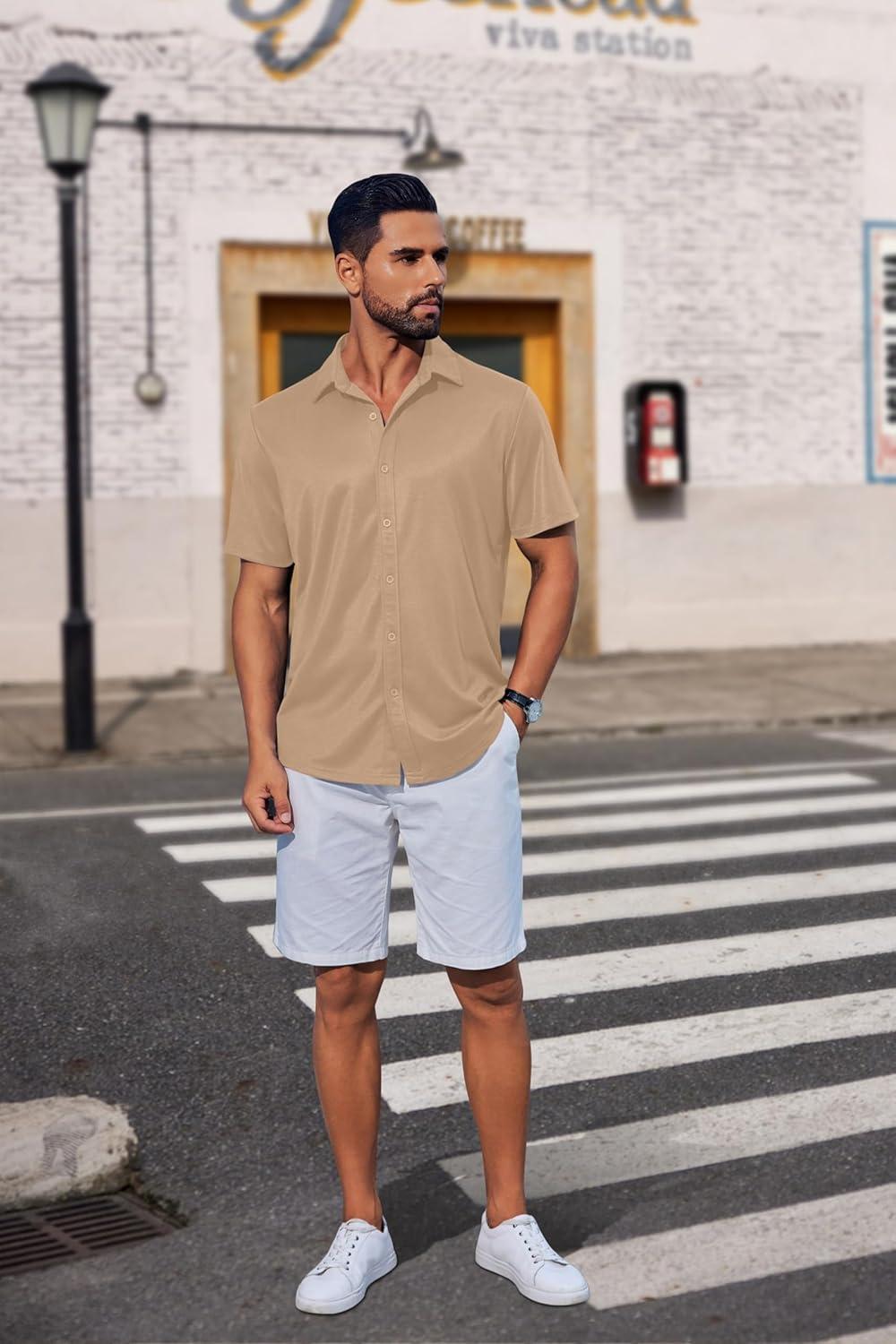 imageCOOFANDY Mens Casual Button Down Shirts Short Sleeve Wrinkle Free Shirt Untucked Summer Stretch Dress ShirtKhaki