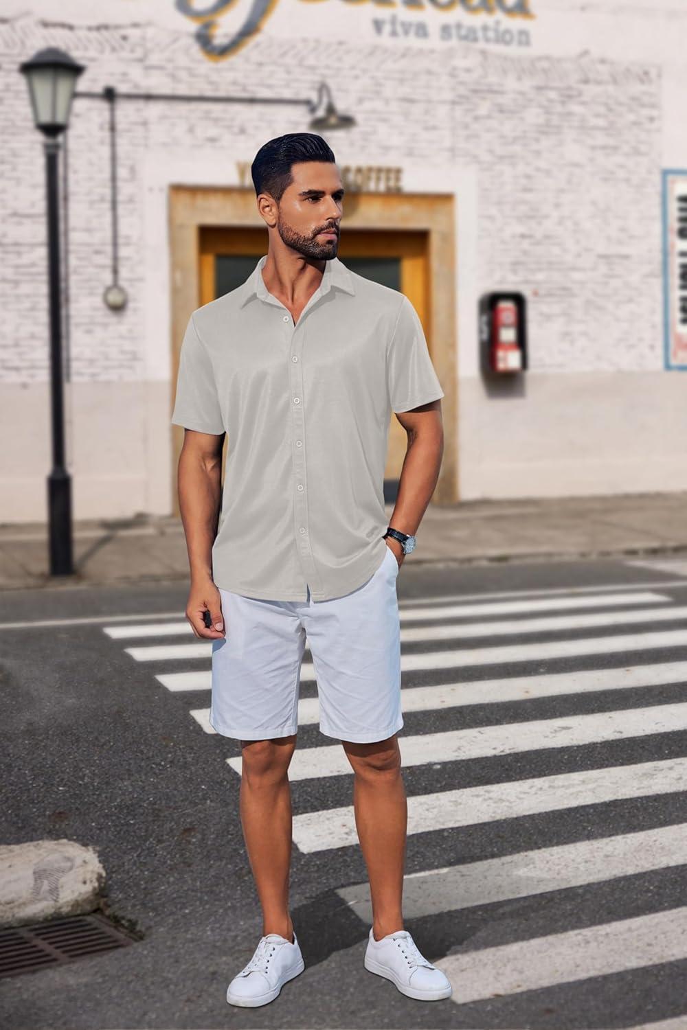 imageCOOFANDY Mens Casual Button Down Shirts Short Sleeve Wrinkle Free Shirt Untucked Summer Stretch Dress ShirtLight Gray