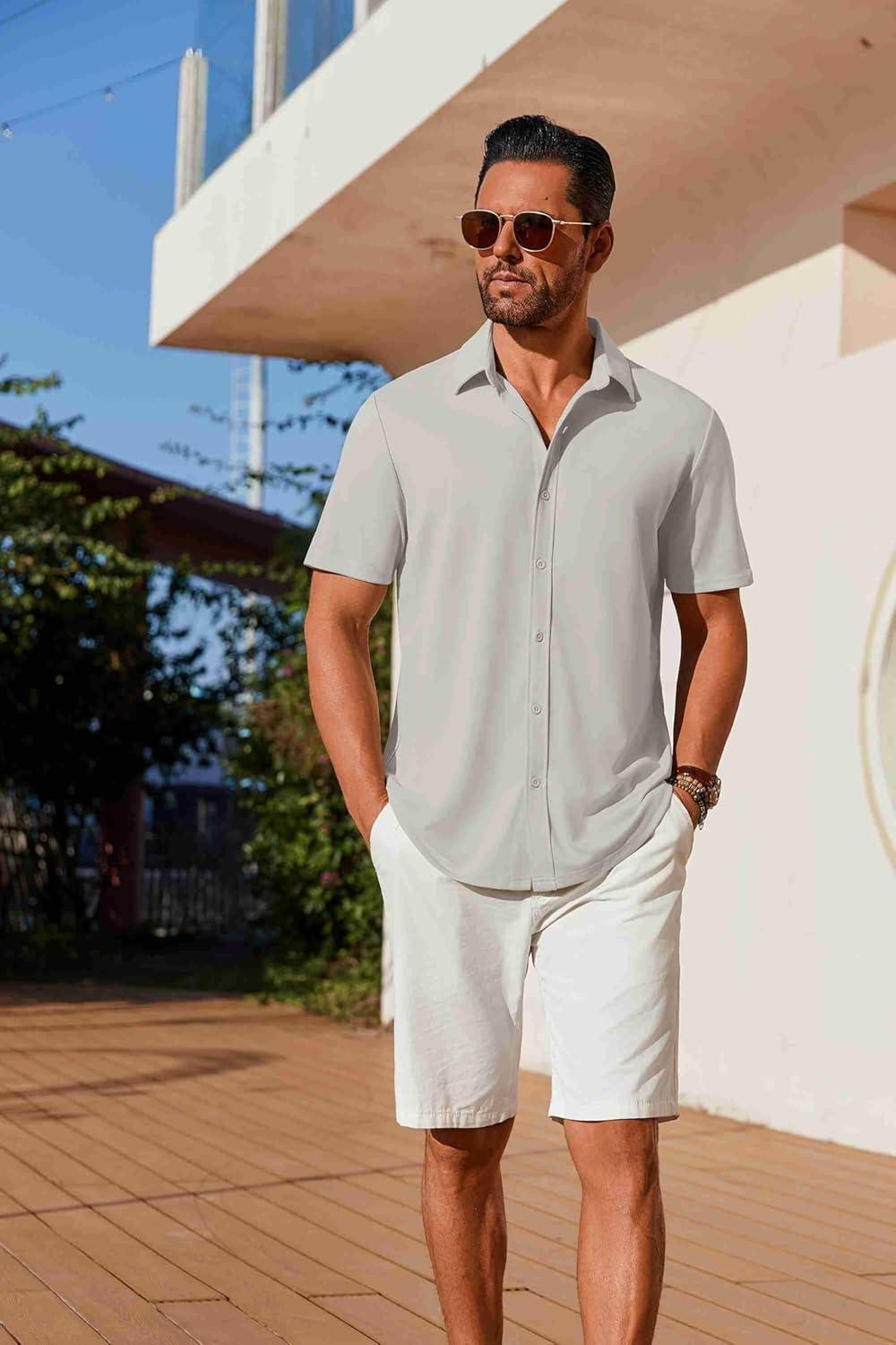 imageCOOFANDY Mens Casual Button Down Shirts Short Sleeve Wrinkle Free Shirt Untucked Summer Stretch Dress ShirtLight Gray