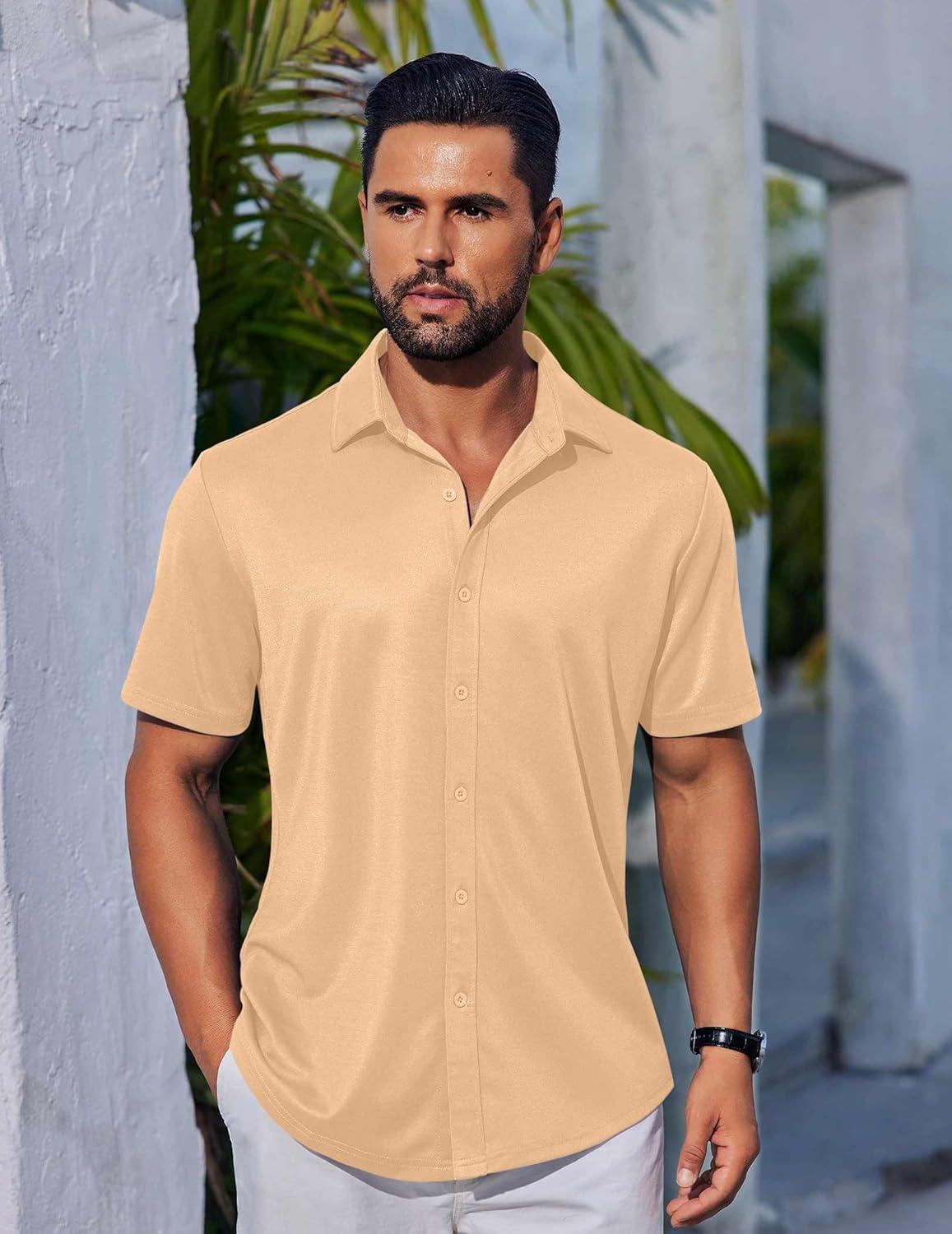 imageCOOFANDY Mens Casual Button Down Shirts Short Sleeve Wrinkle Free Shirt Untucked Summer Stretch Dress ShirtLight Tan