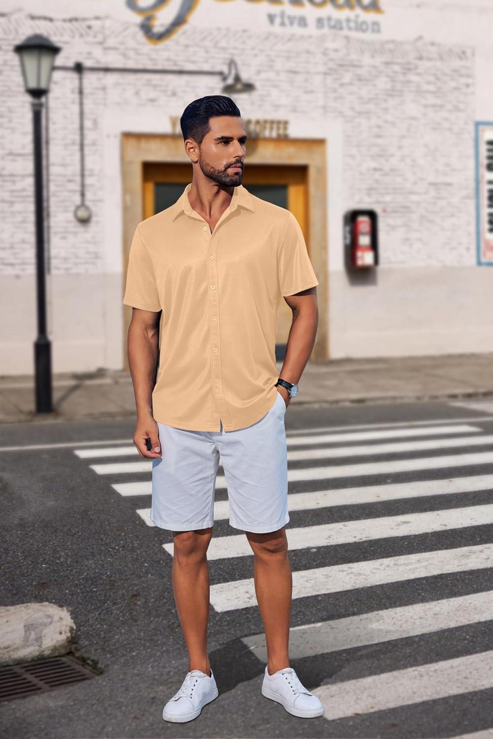 imageCOOFANDY Mens Casual Button Down Shirts Short Sleeve Wrinkle Free Shirt Untucked Summer Stretch Dress ShirtLight Tan