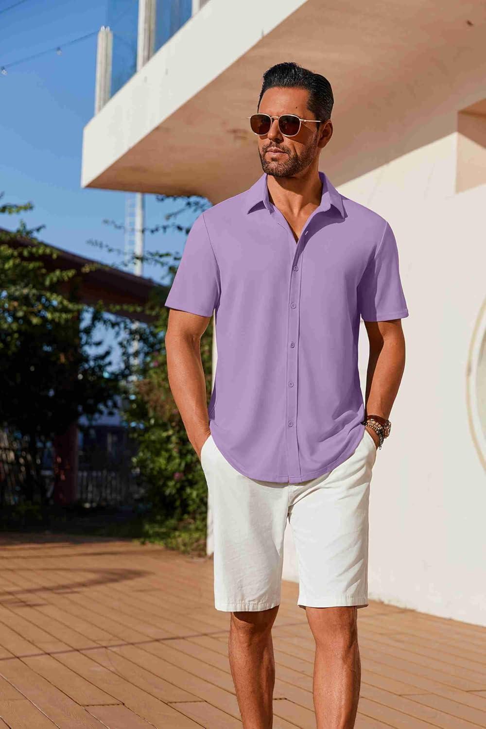 imageCOOFANDY Mens Casual Button Down Shirts Short Sleeve Wrinkle Free Shirt Untucked Summer Stretch Dress ShirtPurple