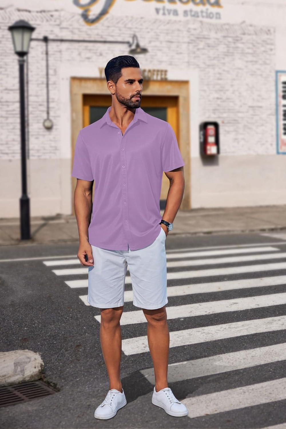 imageCOOFANDY Mens Casual Button Down Shirts Short Sleeve Wrinkle Free Shirt Untucked Summer Stretch Dress ShirtPurple