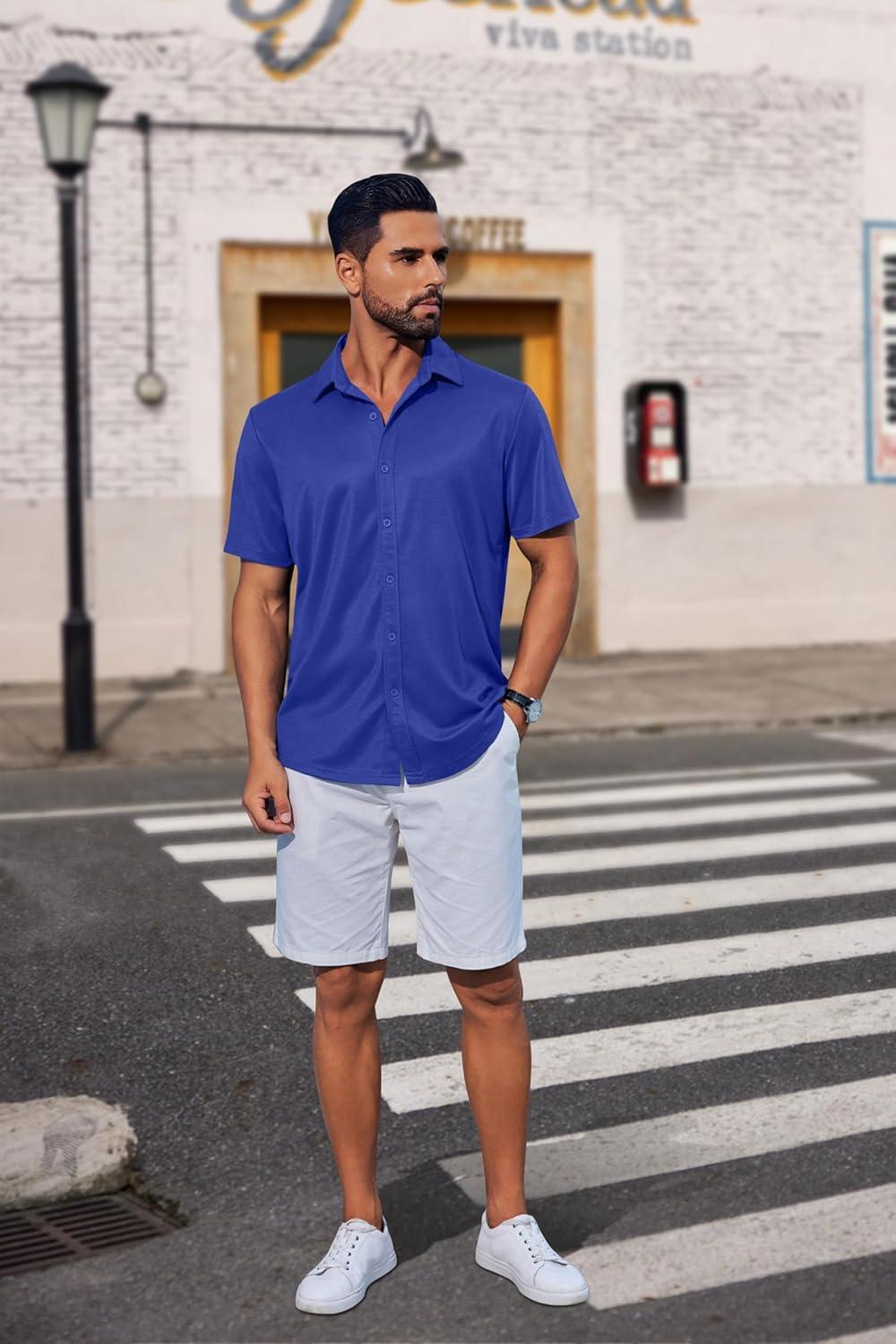 imageCOOFANDY Mens Casual Button Down Shirts Short Sleeve Wrinkle Free Shirt Untucked Summer Stretch Dress ShirtRoyal Blue