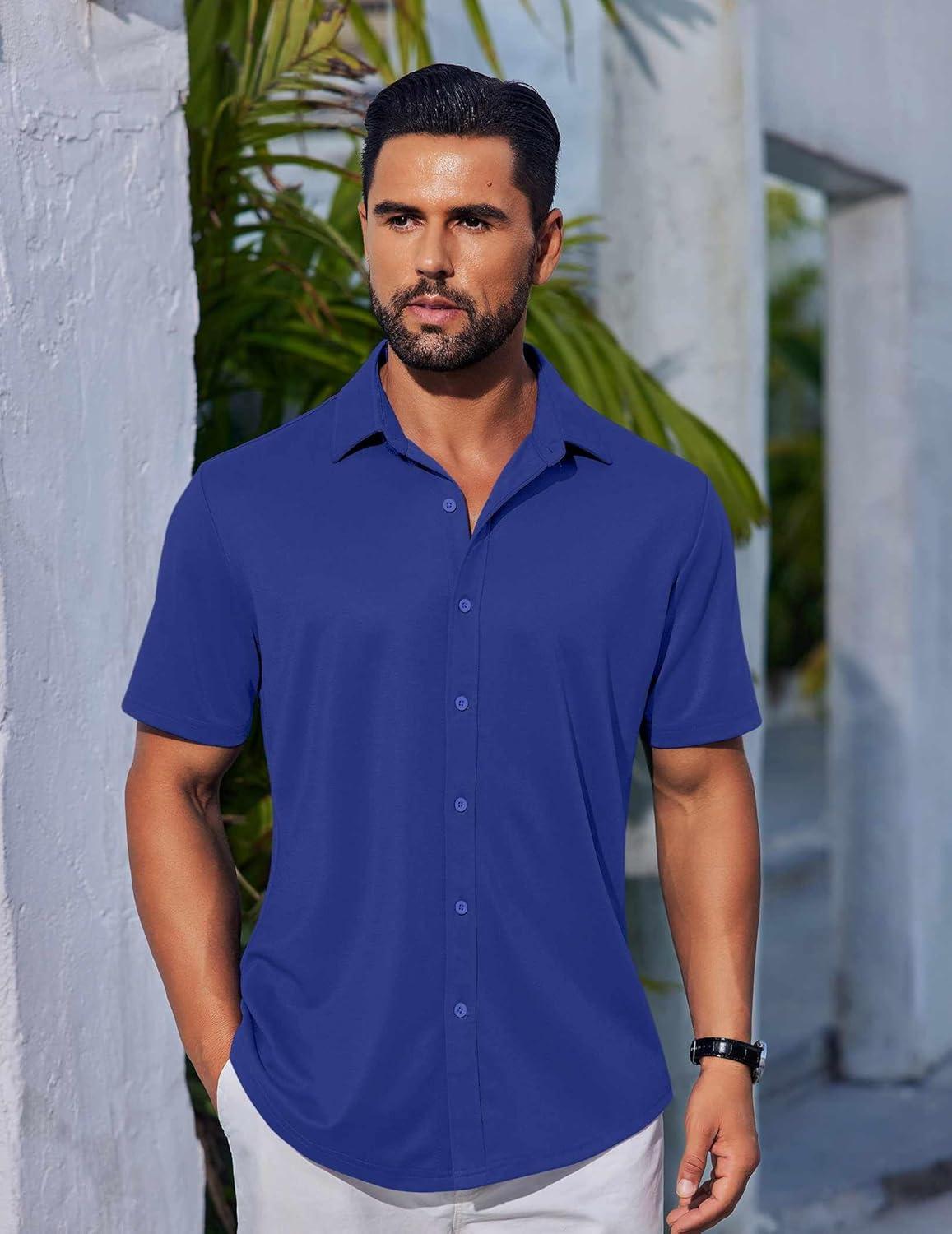 imageCOOFANDY Mens Casual Button Down Shirts Short Sleeve Wrinkle Free Shirt Untucked Summer Stretch Dress ShirtRoyal Blue