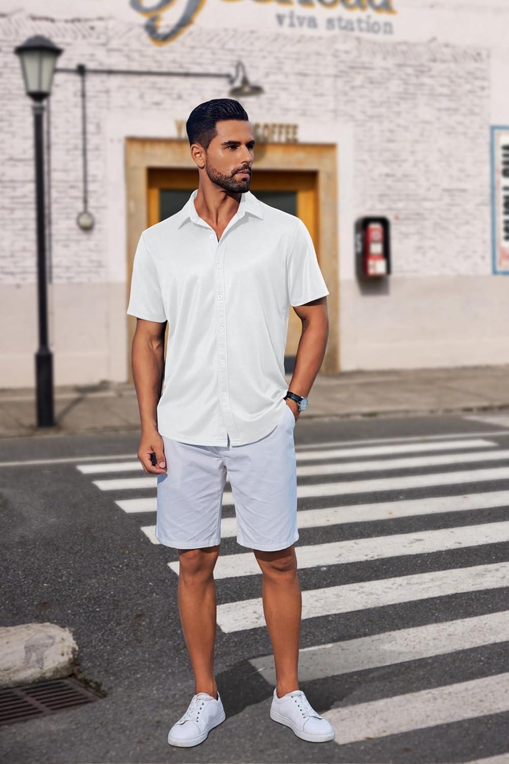 imageCOOFANDY Mens Casual Button Down Shirts Short Sleeve Wrinkle Free Shirt Untucked Summer Stretch Dress ShirtWhite