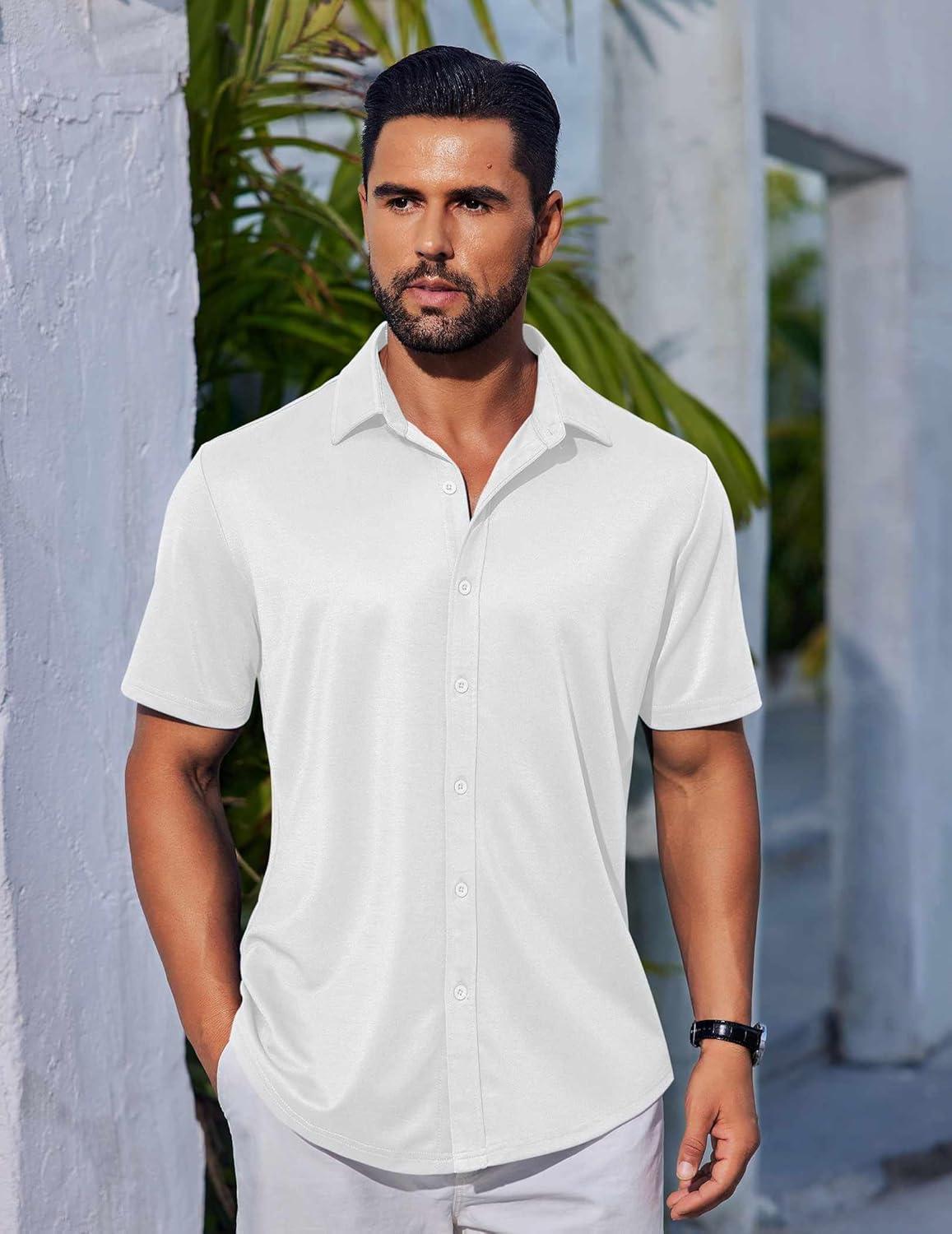 imageCOOFANDY Mens Casual Button Down Shirts Short Sleeve Wrinkle Free Shirt Untucked Summer Stretch Dress ShirtWhite