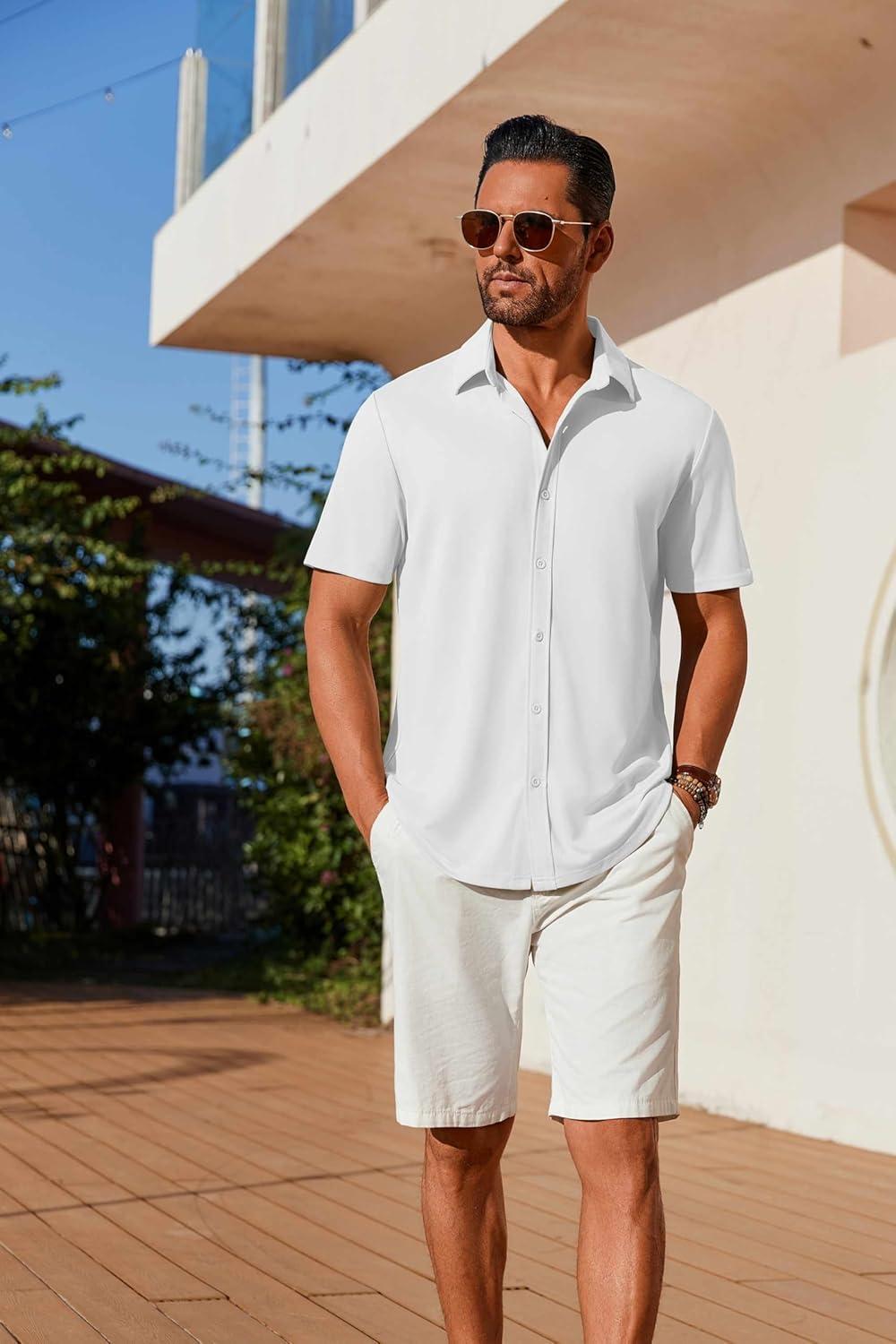 imageCOOFANDY Mens Casual Button Down Shirts Short Sleeve Wrinkle Free Shirt Untucked Summer Stretch Dress ShirtWhite
