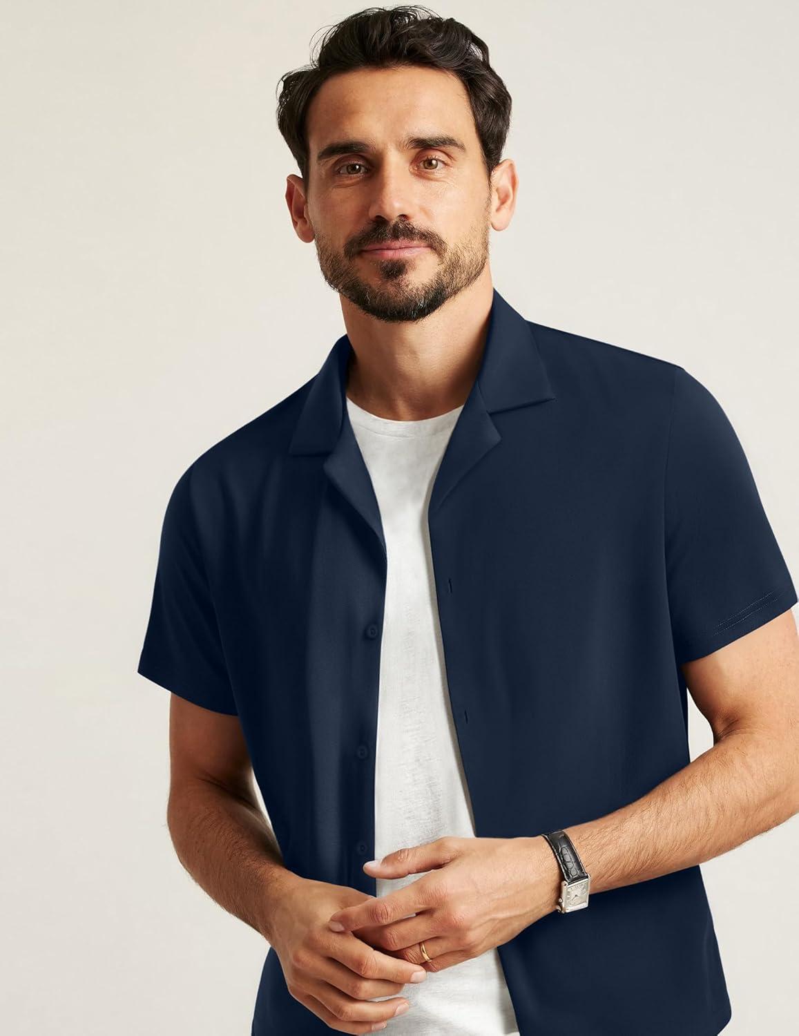 imageCOOFANDY Mens Casual Short Sleeve Button Down Shirts Summer Untucked Wrinkle Free ShirtsDark Blue
