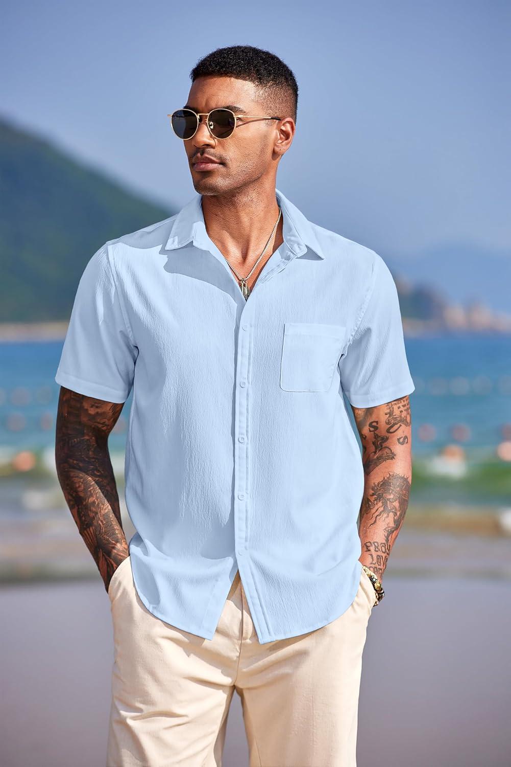 imageCOOFANDY Mens Casual Short Sleeve Button Down Summer Beach Shirt Lightweight Textured Wrinkle Free Untucked ShirtsAngel Falls