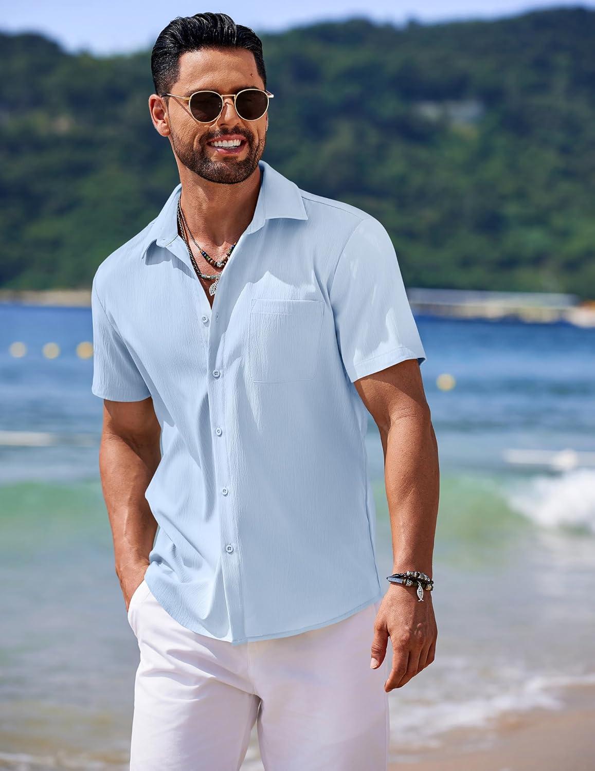 imageCOOFANDY Mens Casual Short Sleeve Button Down Summer Beach Shirt Lightweight Textured Wrinkle Free Untucked ShirtsAngel Falls