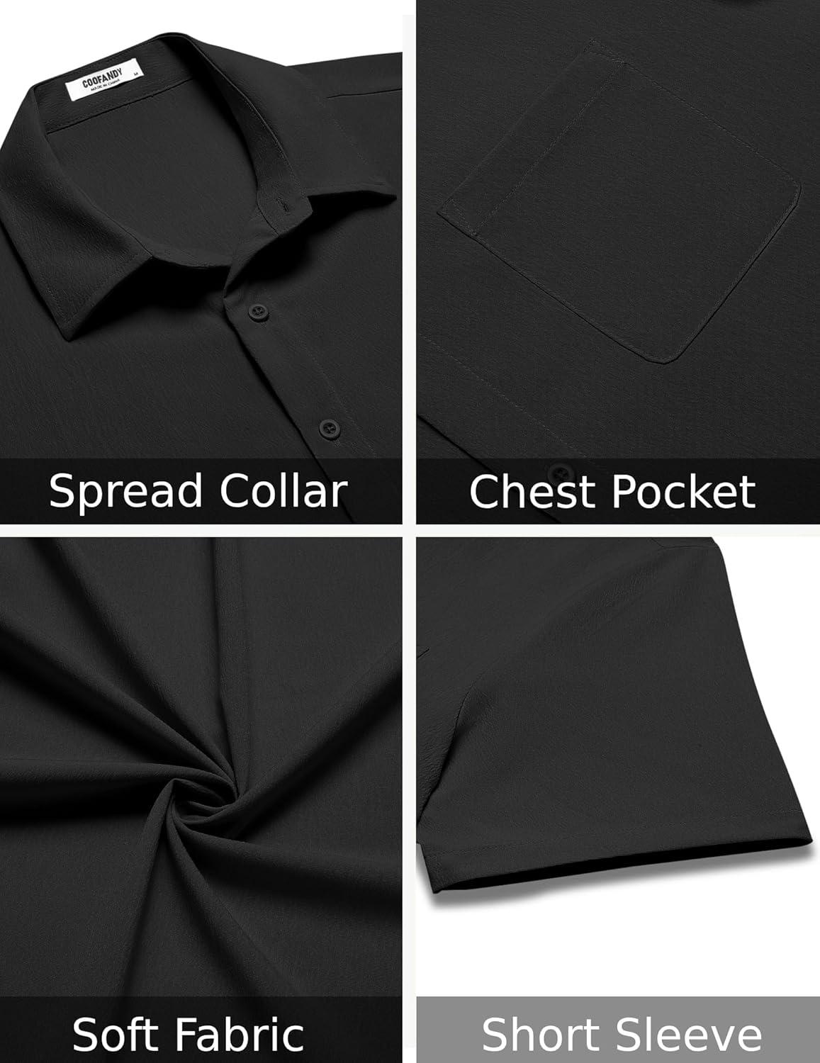 imageCOOFANDY Mens Casual Short Sleeve Button Down Summer Beach Shirt Lightweight Textured Wrinkle Free Untucked ShirtsBlack