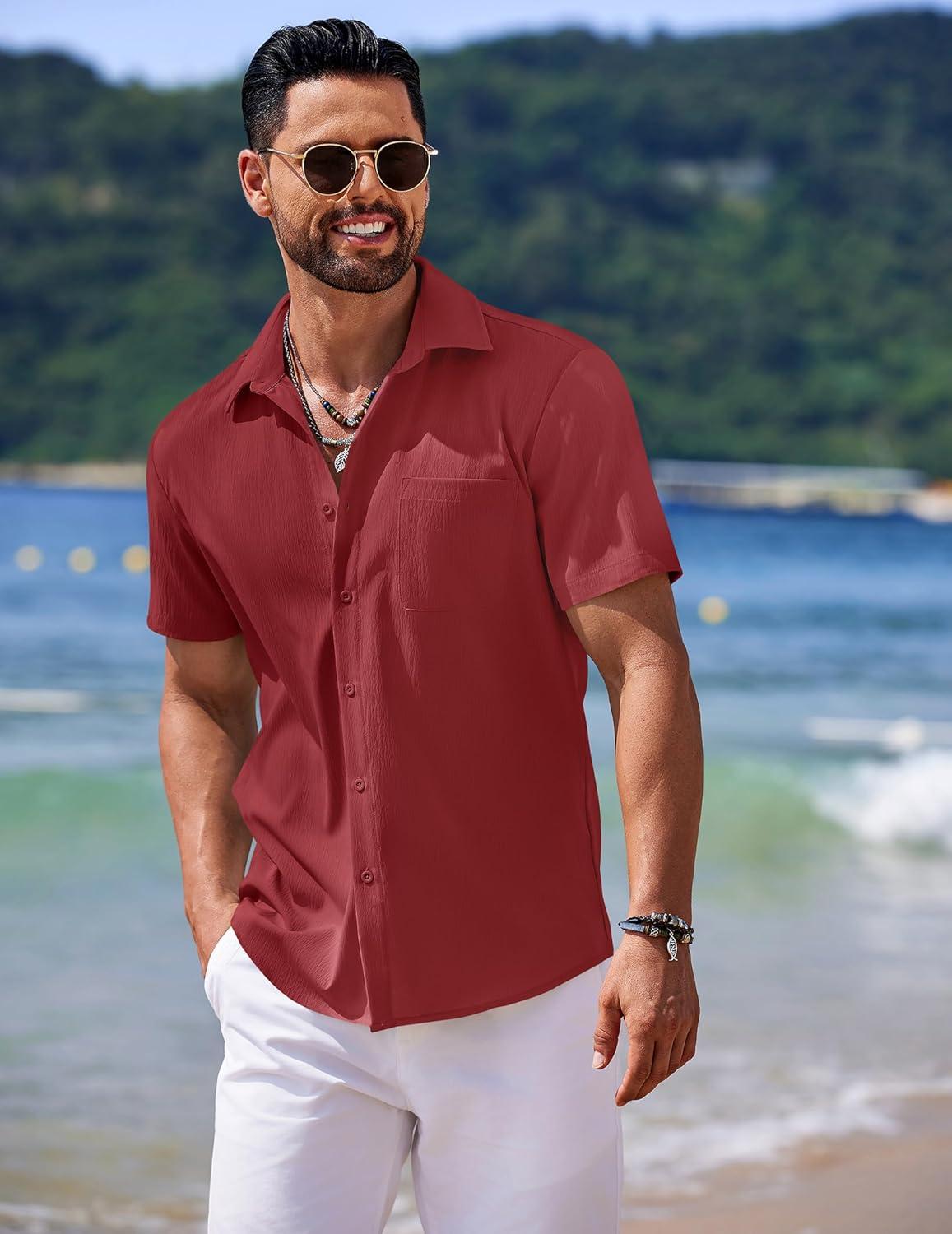 imageCOOFANDY Mens Casual Short Sleeve Button Down Summer Beach Shirt Lightweight Textured Wrinkle Free Untucked ShirtsScarlet Sage