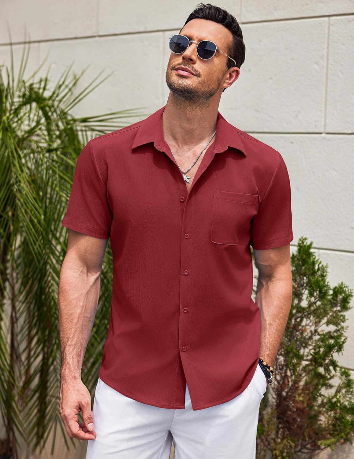 imageCOOFANDY Mens Casual Short Sleeve Button Down Summer Beach Shirt Lightweight Textured Wrinkle Free Untucked ShirtsScarlet Sage