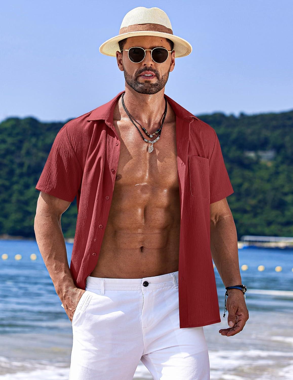 imageCOOFANDY Mens Casual Short Sleeve Button Down Summer Beach Shirt Lightweight Textured Wrinkle Free Untucked ShirtsScarlet Sage