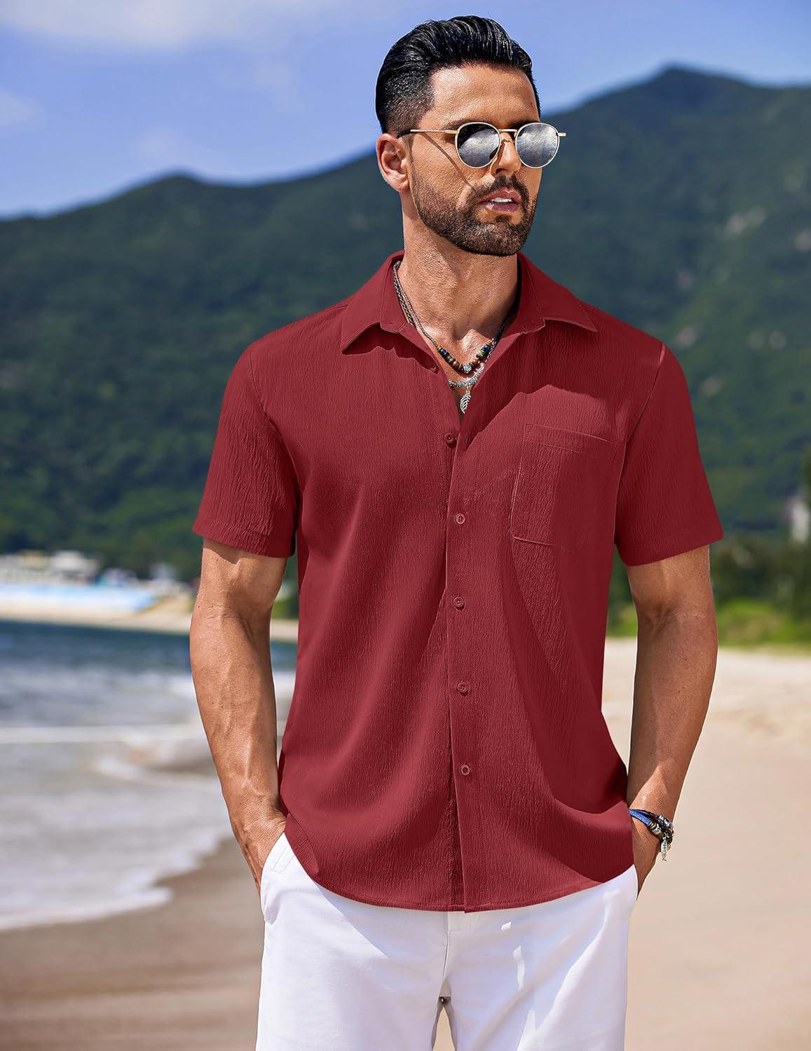 imageCOOFANDY Mens Casual Short Sleeve Button Down Summer Beach Shirt Lightweight Textured Wrinkle Free Untucked ShirtsScarlet Sage