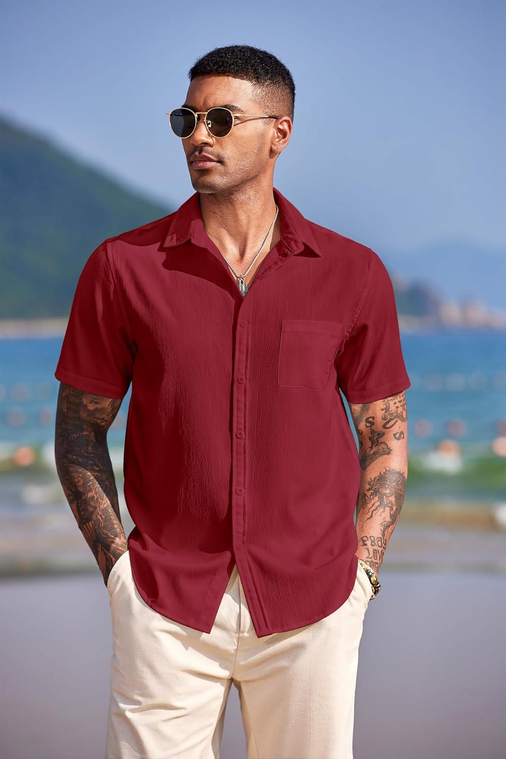 imageCOOFANDY Mens Casual Short Sleeve Button Down Summer Beach Shirt Lightweight Textured Wrinkle Free Untucked ShirtsScarlet Sage
