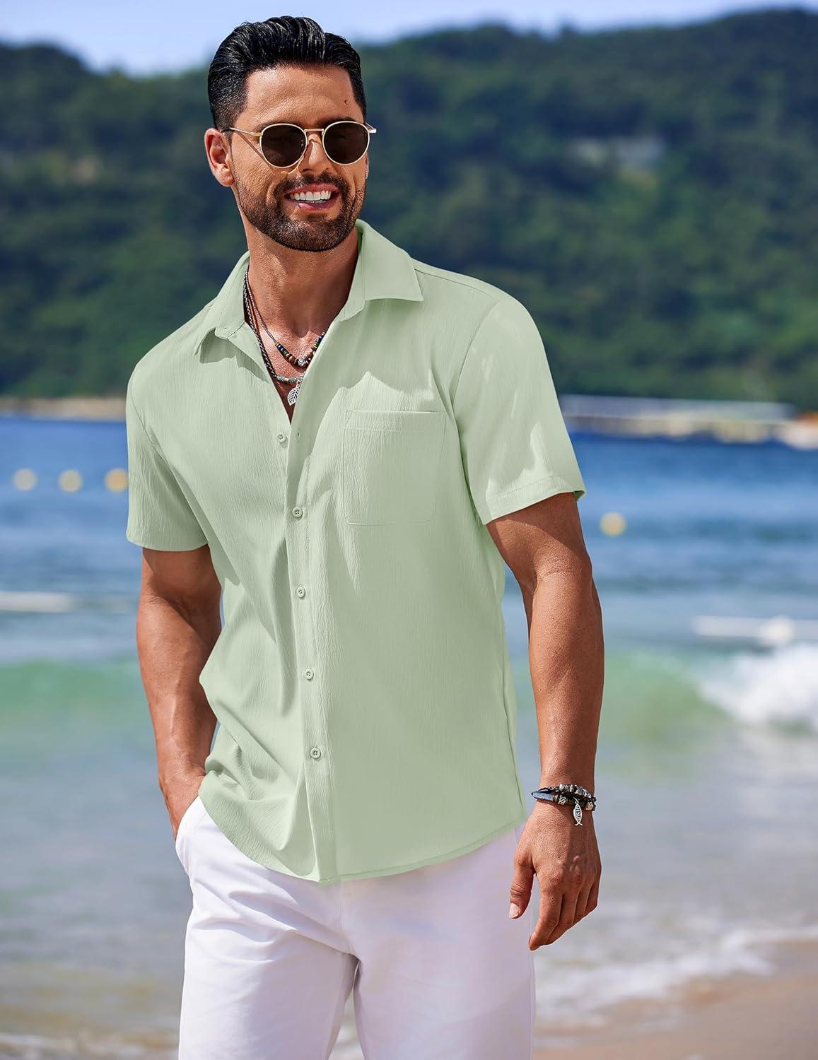 imageCOOFANDY Mens Casual Short Sleeve Button Down Summer Beach Shirt Lightweight Textured Wrinkle Free Untucked ShirtsSea Foam